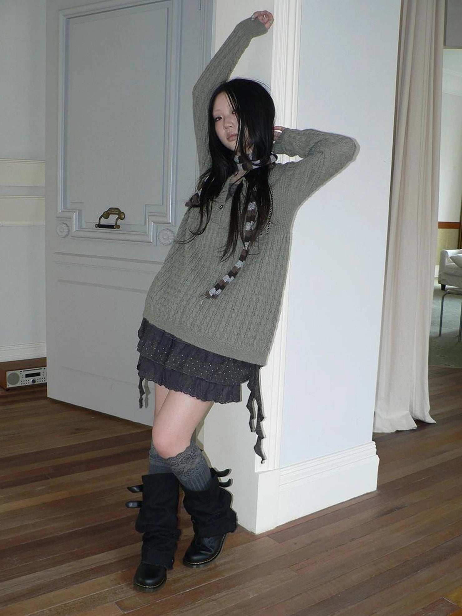 ang project V-Neck Button-Detail Loose Fit Crochet Knit Sweater Sweater