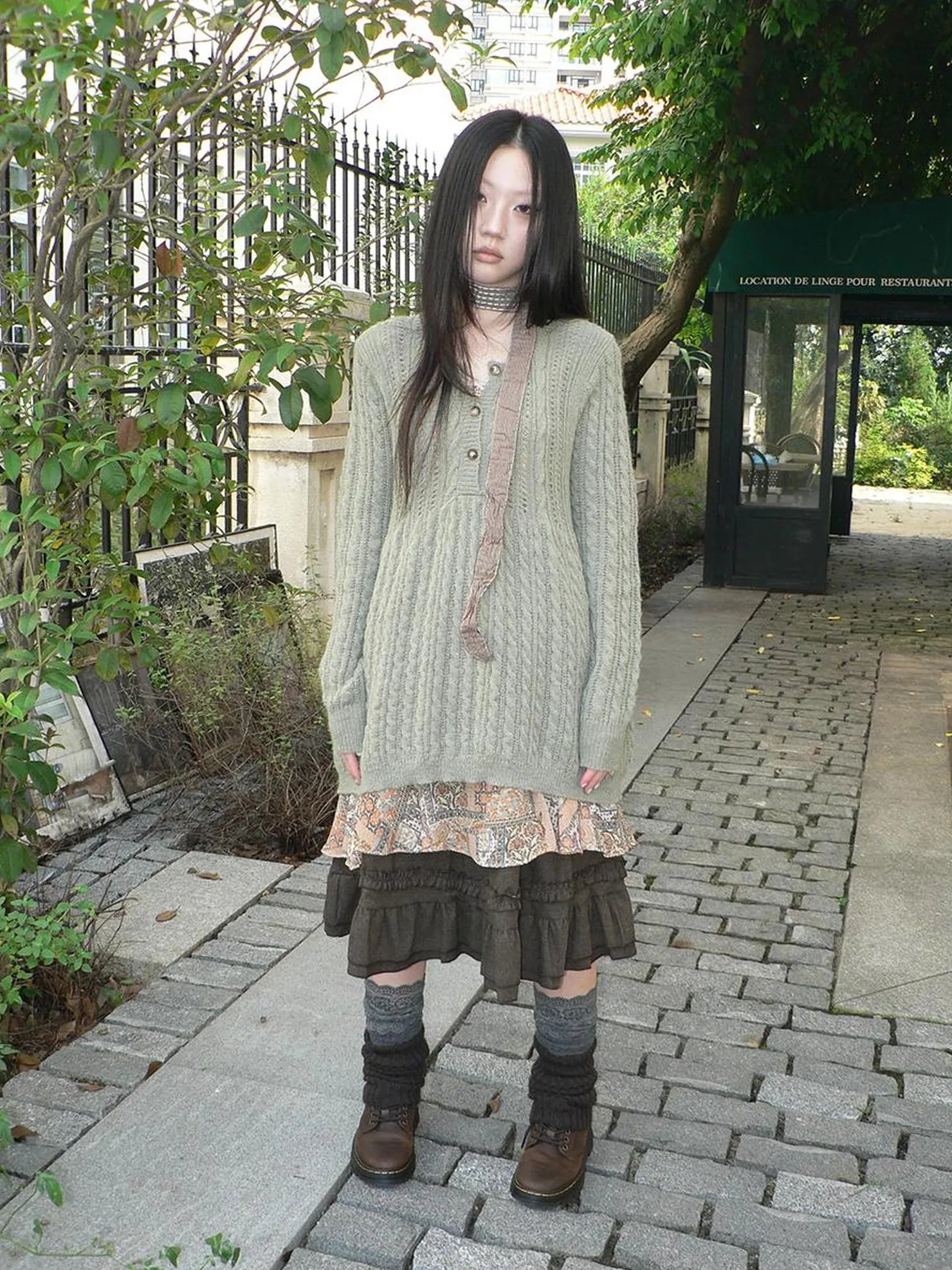 ang project V-Neck Button-Detail Loose Fit Crochet Knit Sweater Sweater