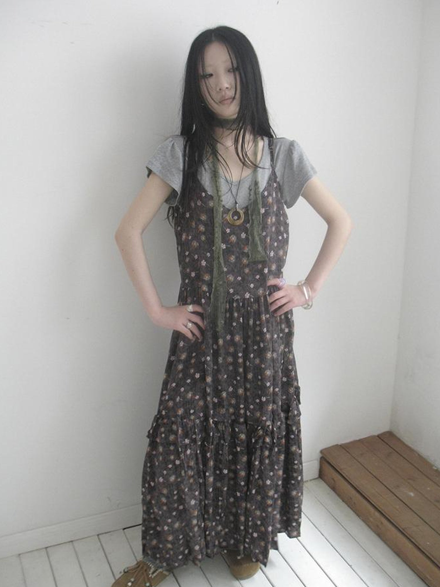 ang project V-Neck Floral Print Smocked Maxi Slip Dress In Boho Style