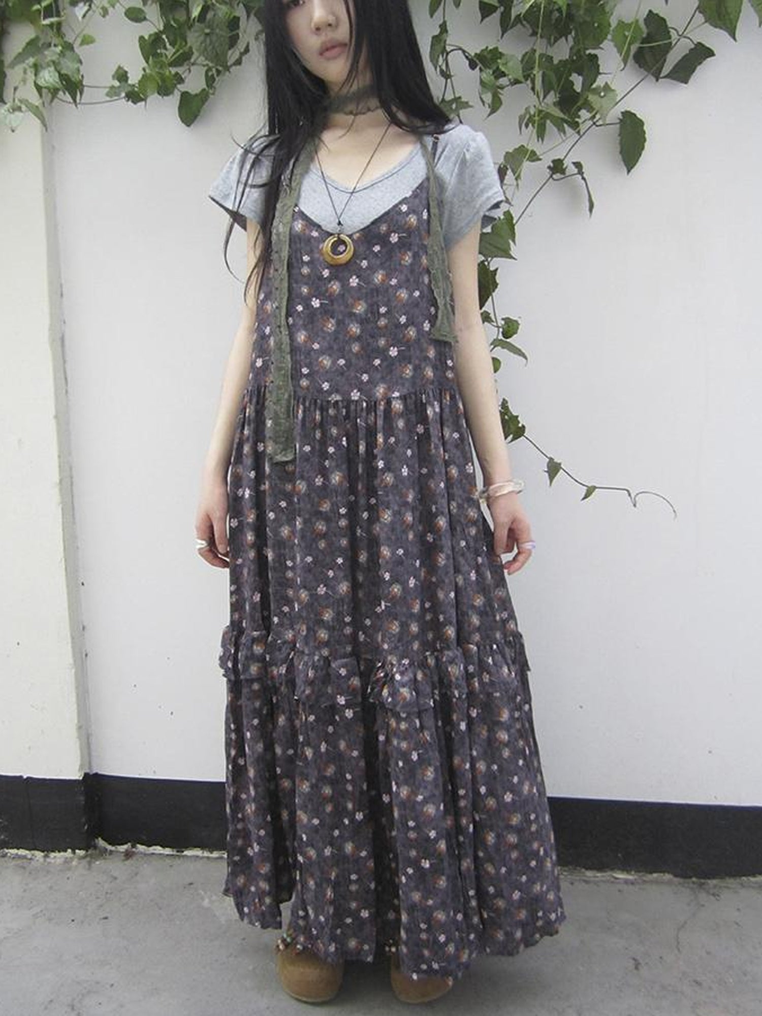 ang project V-Neck Floral Print Smocked Maxi Slip Dress In Boho Style