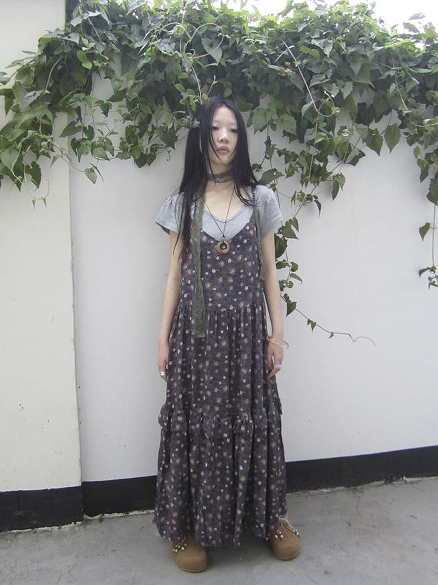 ang project V-Neck Floral Print Smocked Maxi Slip Dress In Boho Style