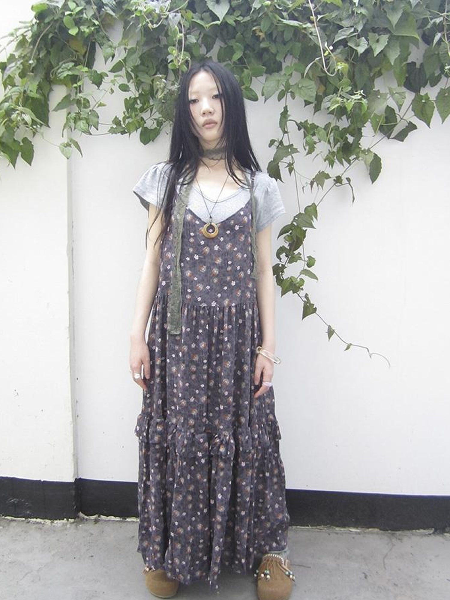 ang project V-Neck Floral Print Smocked Maxi Slip Dress In Boho Style