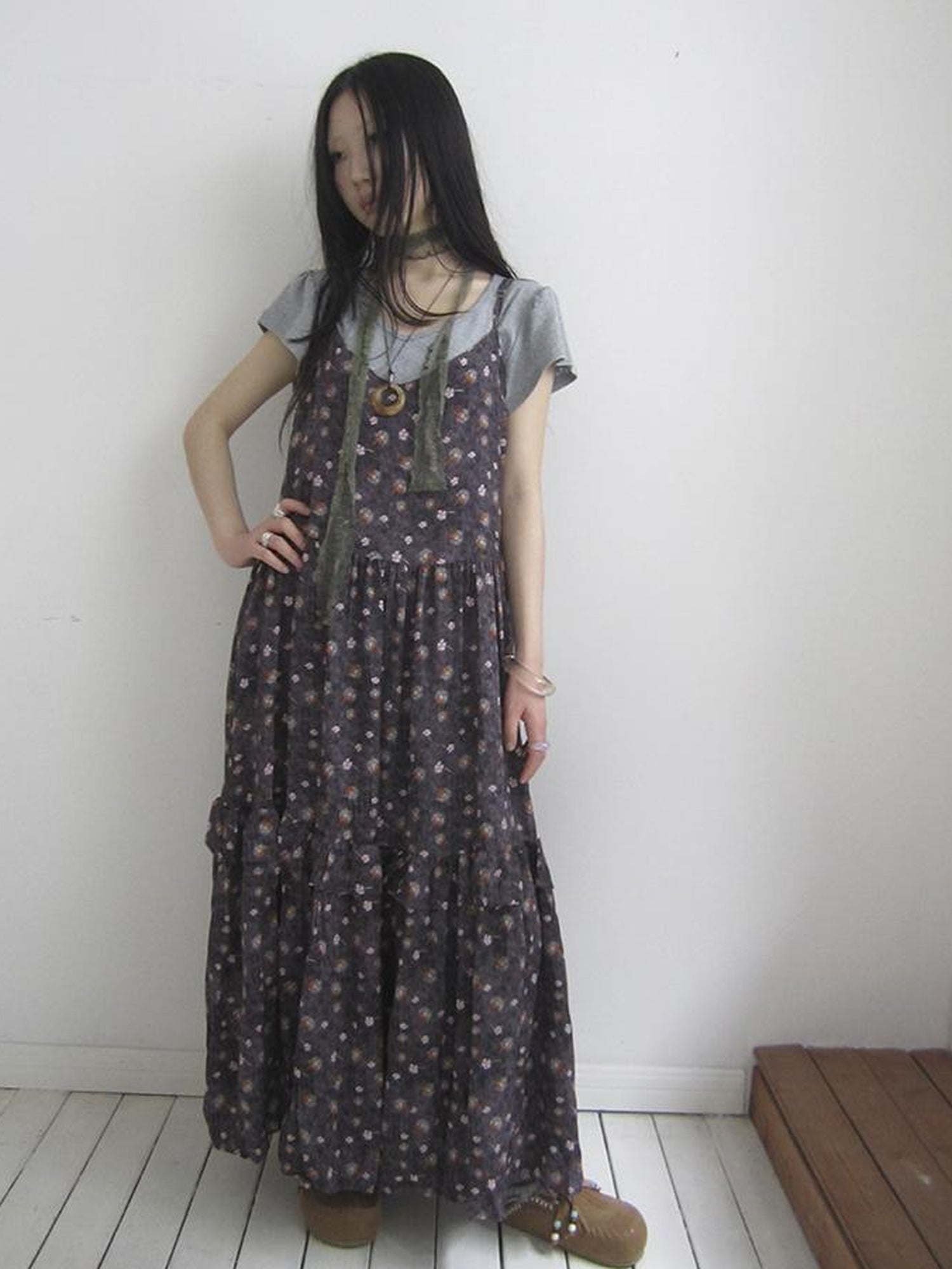 ang project V-Neck Floral Print Smocked Maxi Slip Dress In Boho Style