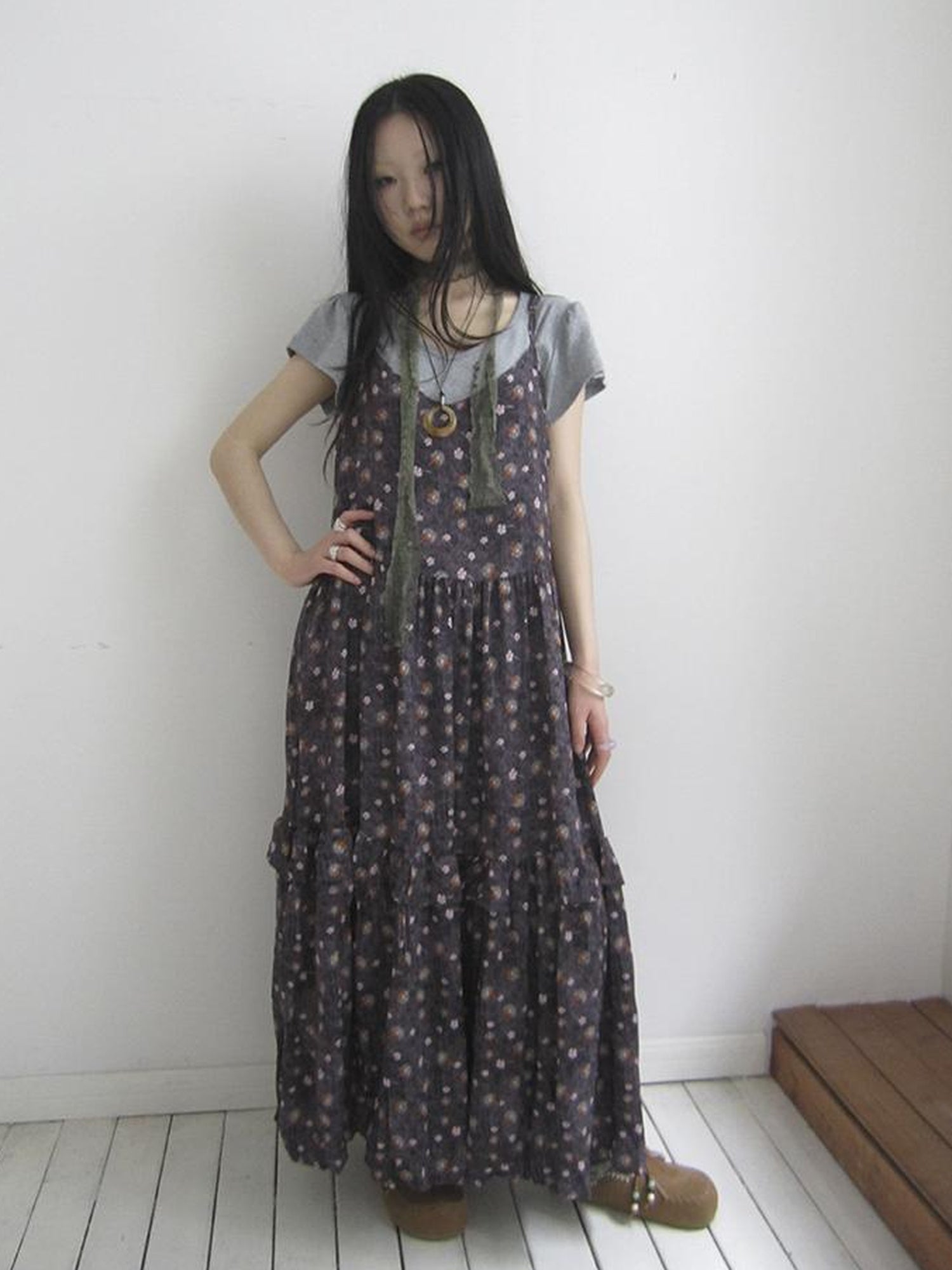 ang project V-Neck Floral Print Smocked Maxi Slip Dress In Boho Style