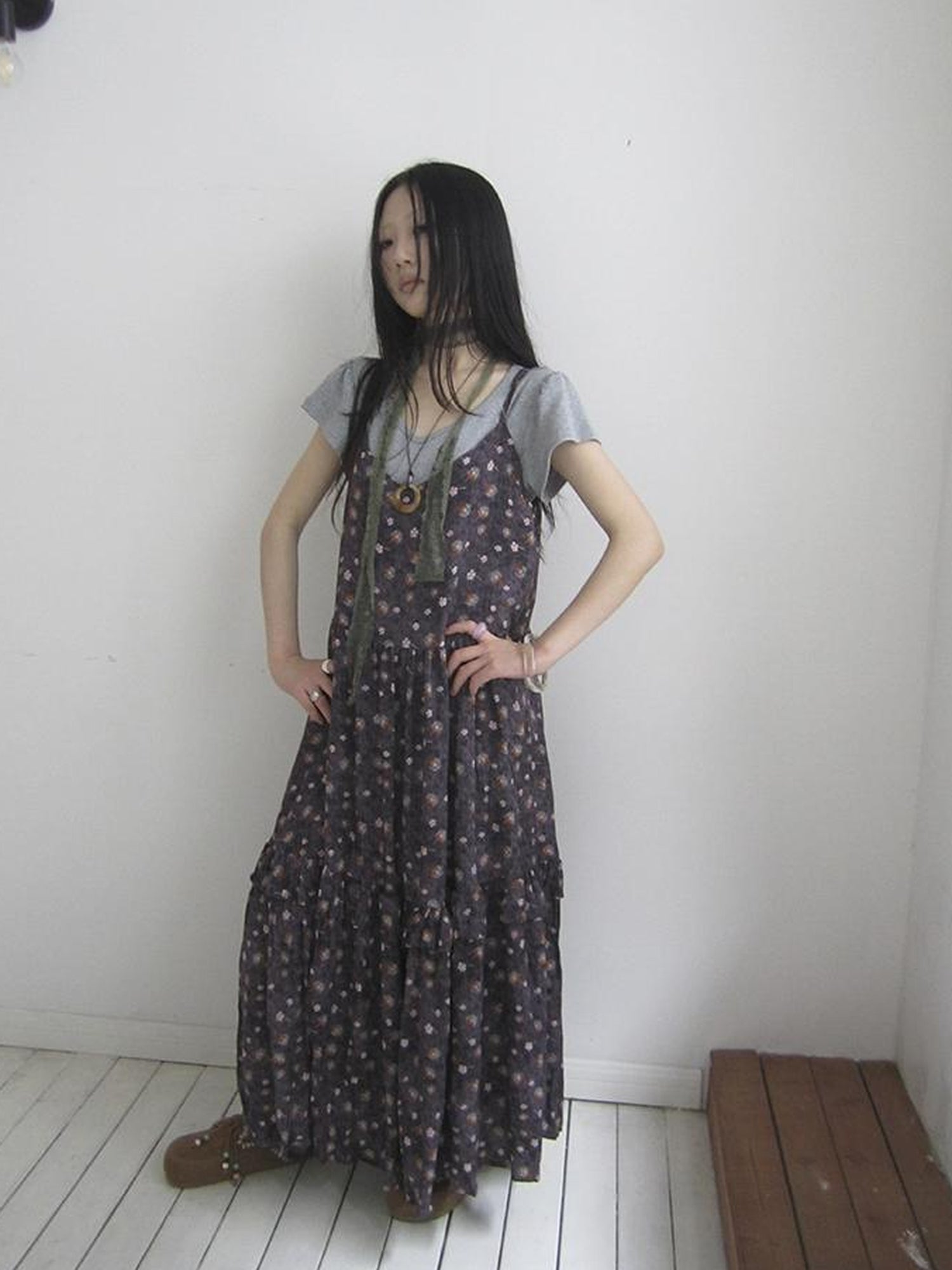 ang project V-Neck Floral Print Smocked Maxi Slip Dress In Boho Style