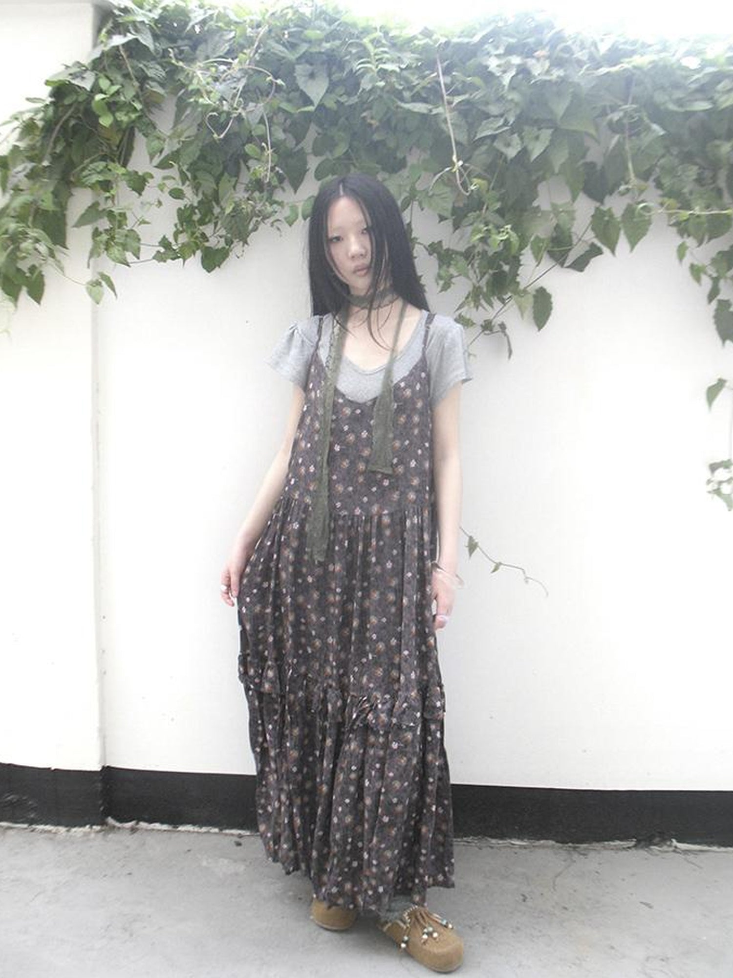 ang project V-Neck Floral Print Smocked Maxi Slip Dress In Boho Style