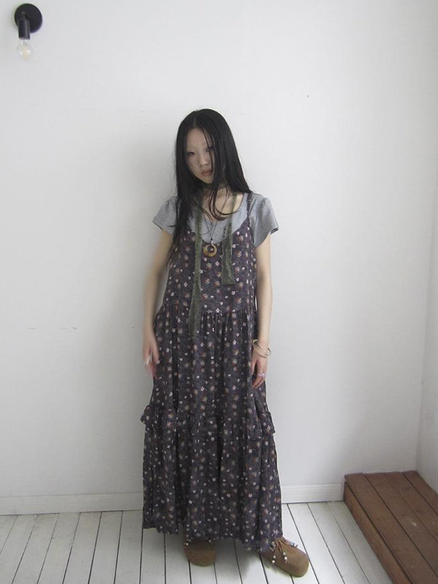 ang project V-Neck Floral Print Smocked Maxi Slip Dress In Boho Style