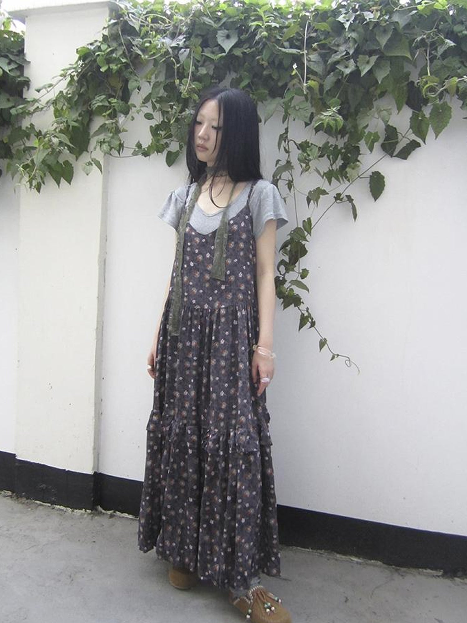 ang project V-Neck Floral Print Smocked Maxi Slip Dress In Boho Style
