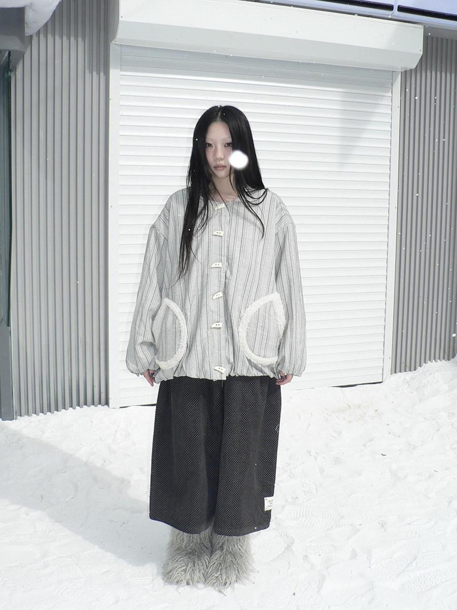 ang project Vertical Stripe Toggle Button Fuzzy Lined Women&