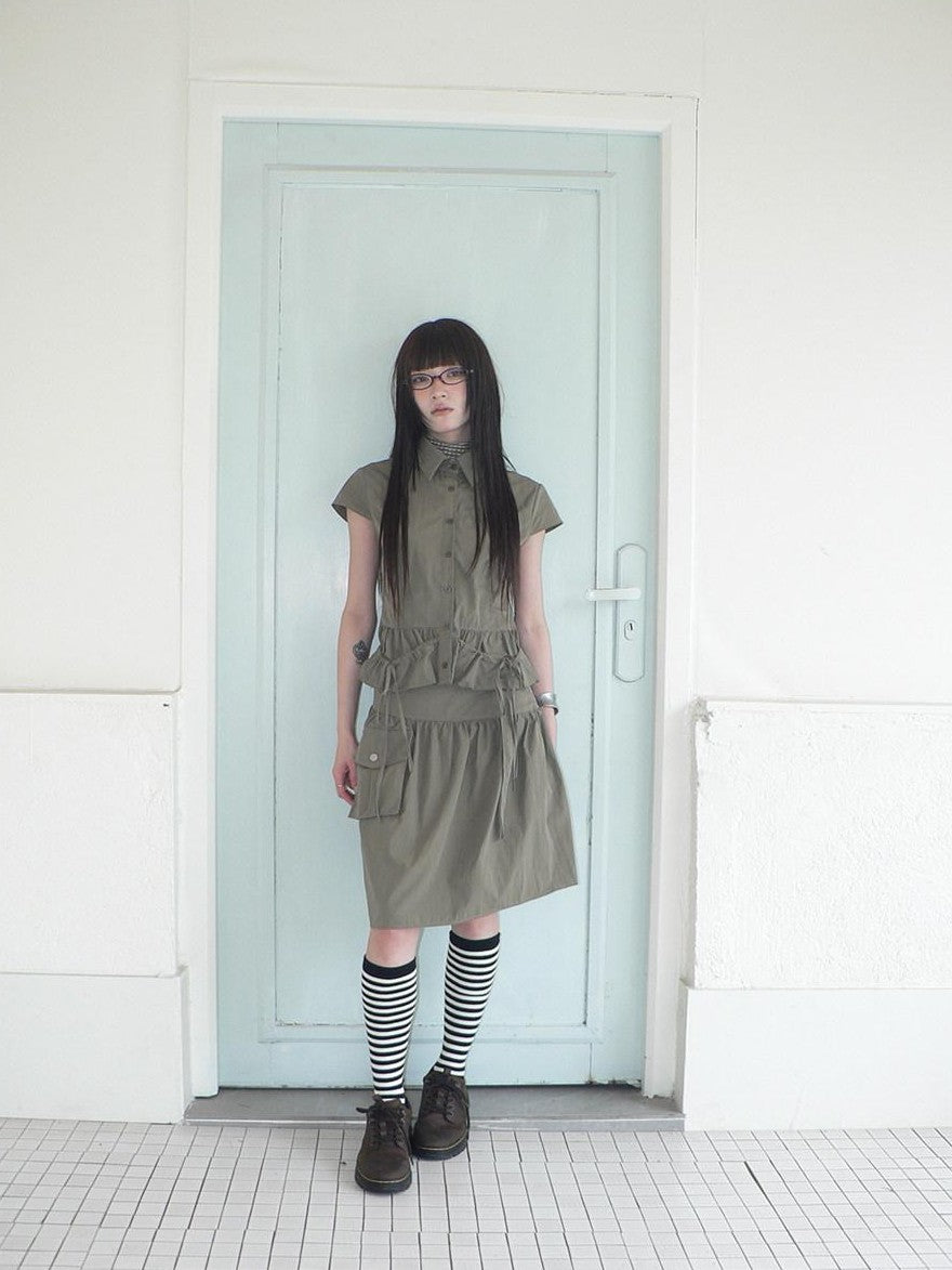 ang project Vintage 3D Pocket Single Breasted Button A Line Khaki Women&