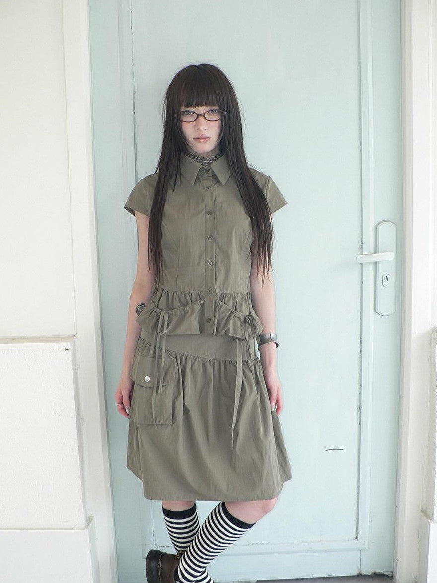 ang project Vintage 3D Pocket Single Breasted Button A Line Khaki Women&