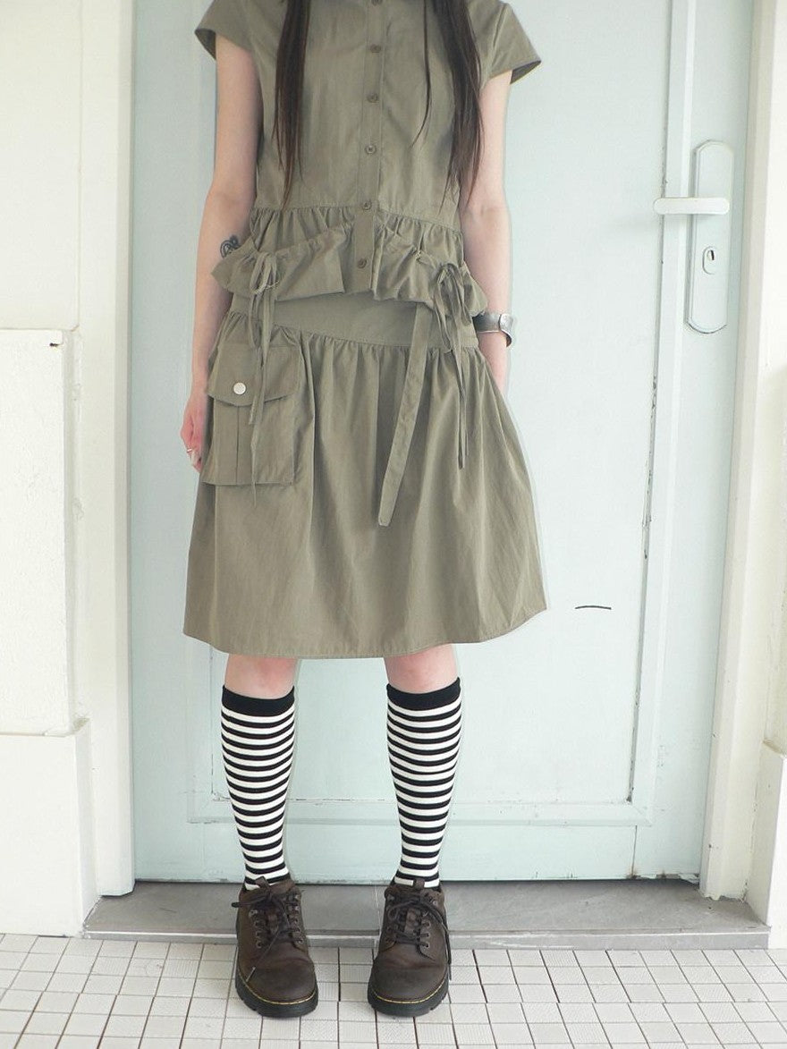 ang project Vintage 3D Pocket Single Breasted Button A Line Khaki Women&