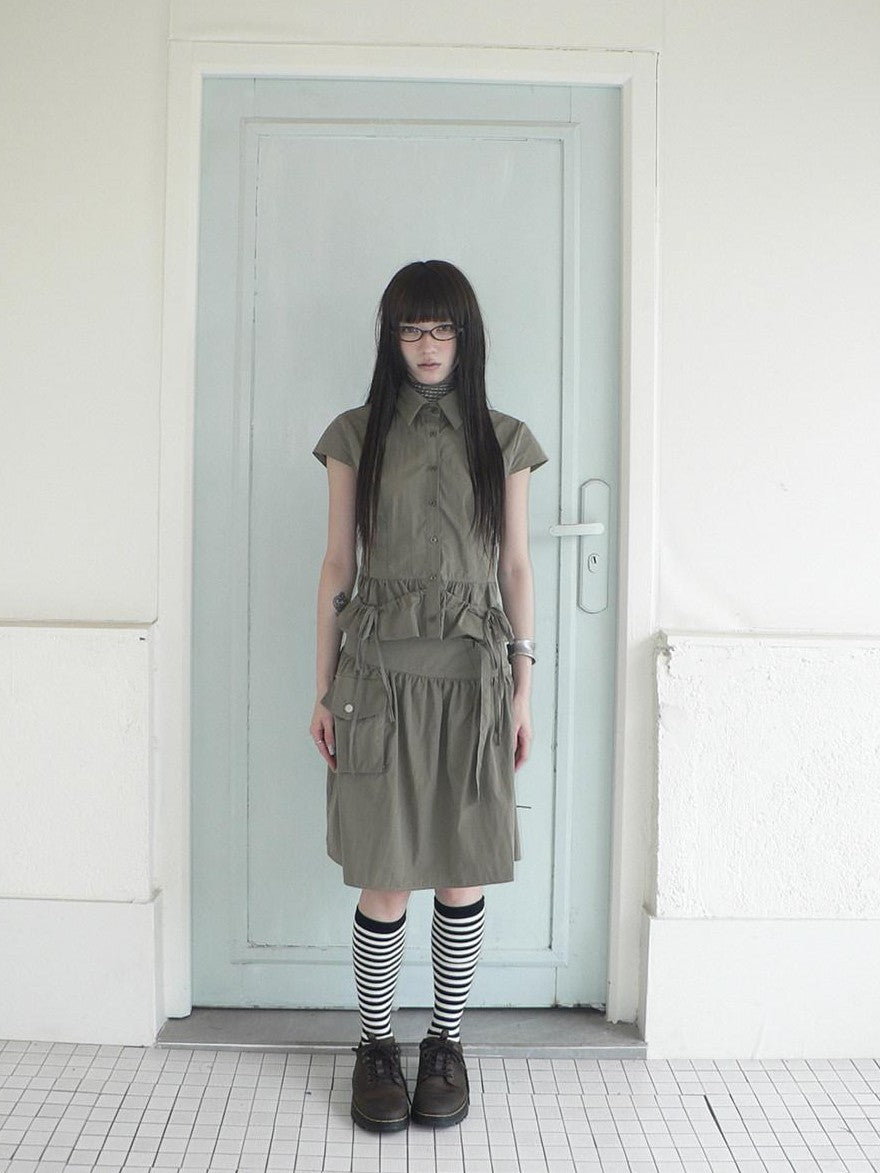 ang project Vintage 3D Pocket Single Breasted Button A Line Khaki Women&