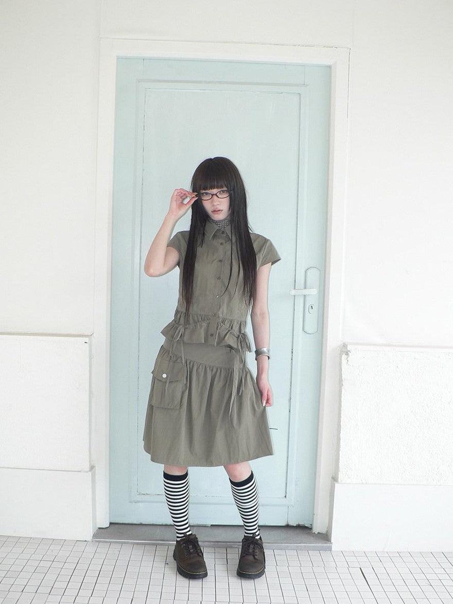 ang project Vintage 3D Pocket Single Breasted Button A Line Khaki Women&