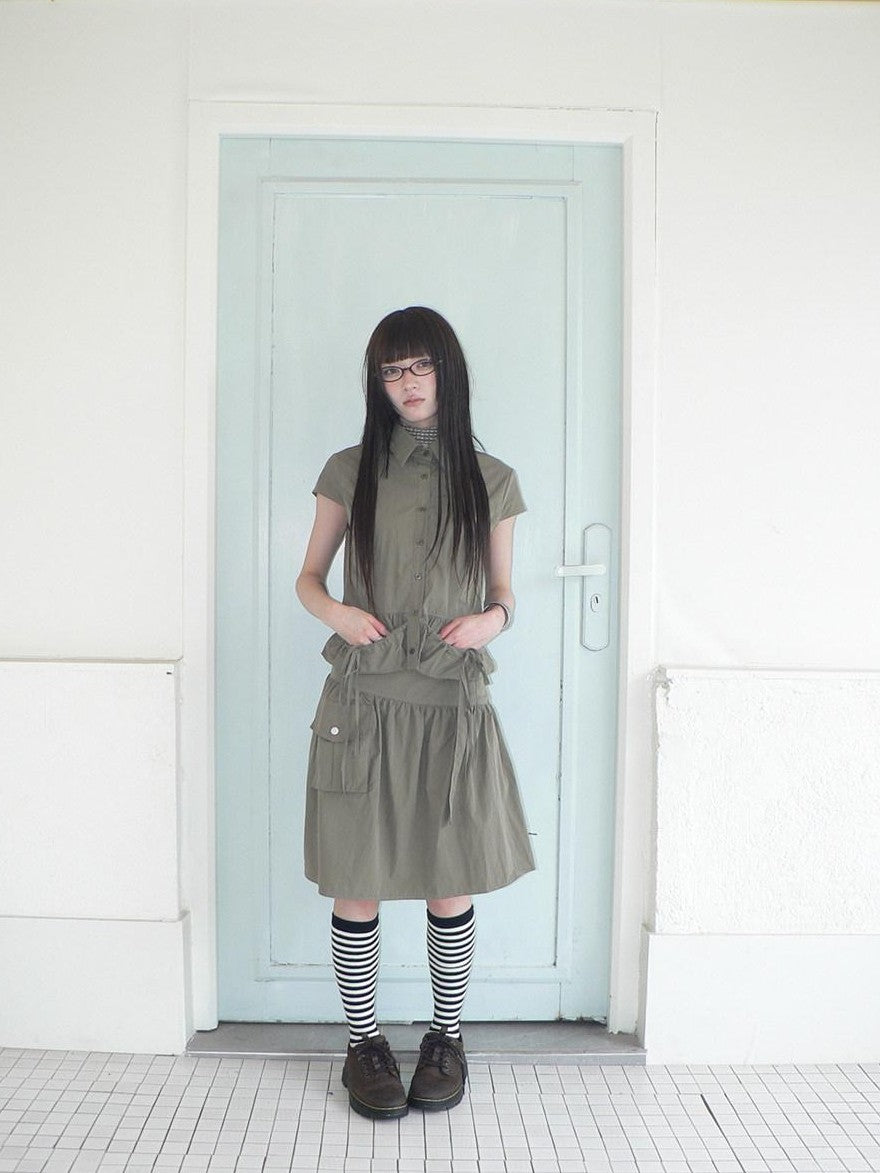 ang project Vintage 3D Pocket Single Breasted Button A Line Khaki Women&