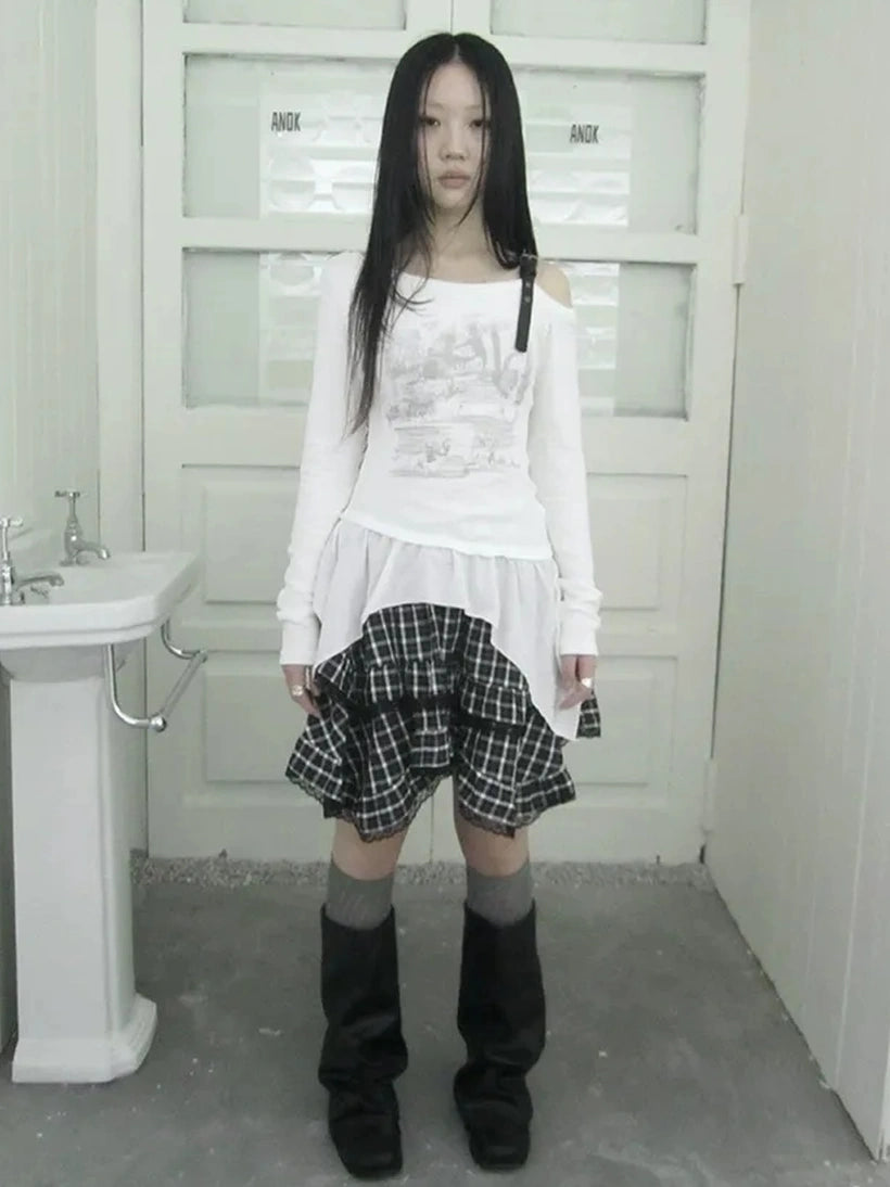 ang project Vintage Asymmetric Hem Print Long Sleeve Tee T-shirt