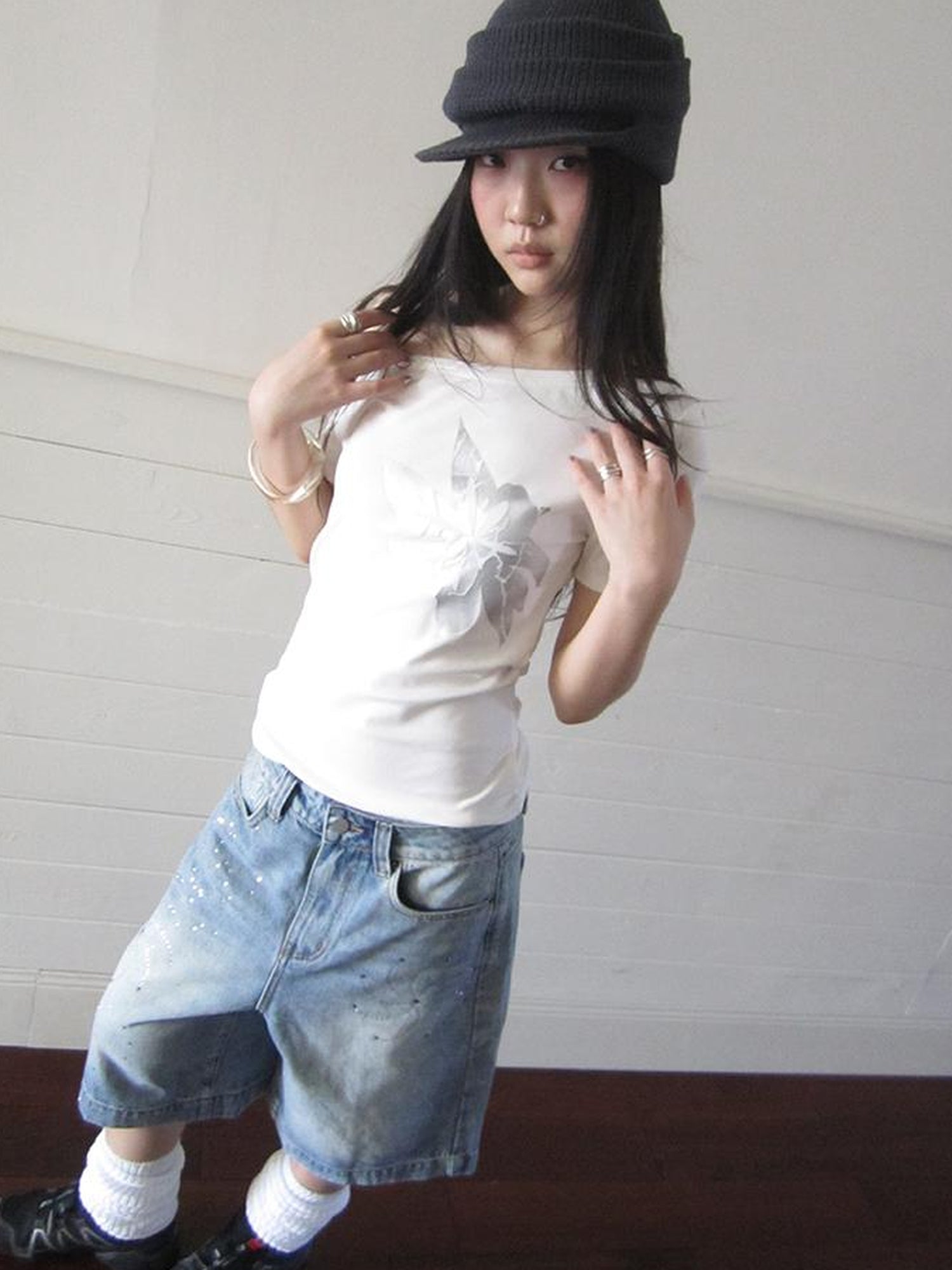 Updateang project Vintage Asymmetric Print Waist Tie Stretch Tee