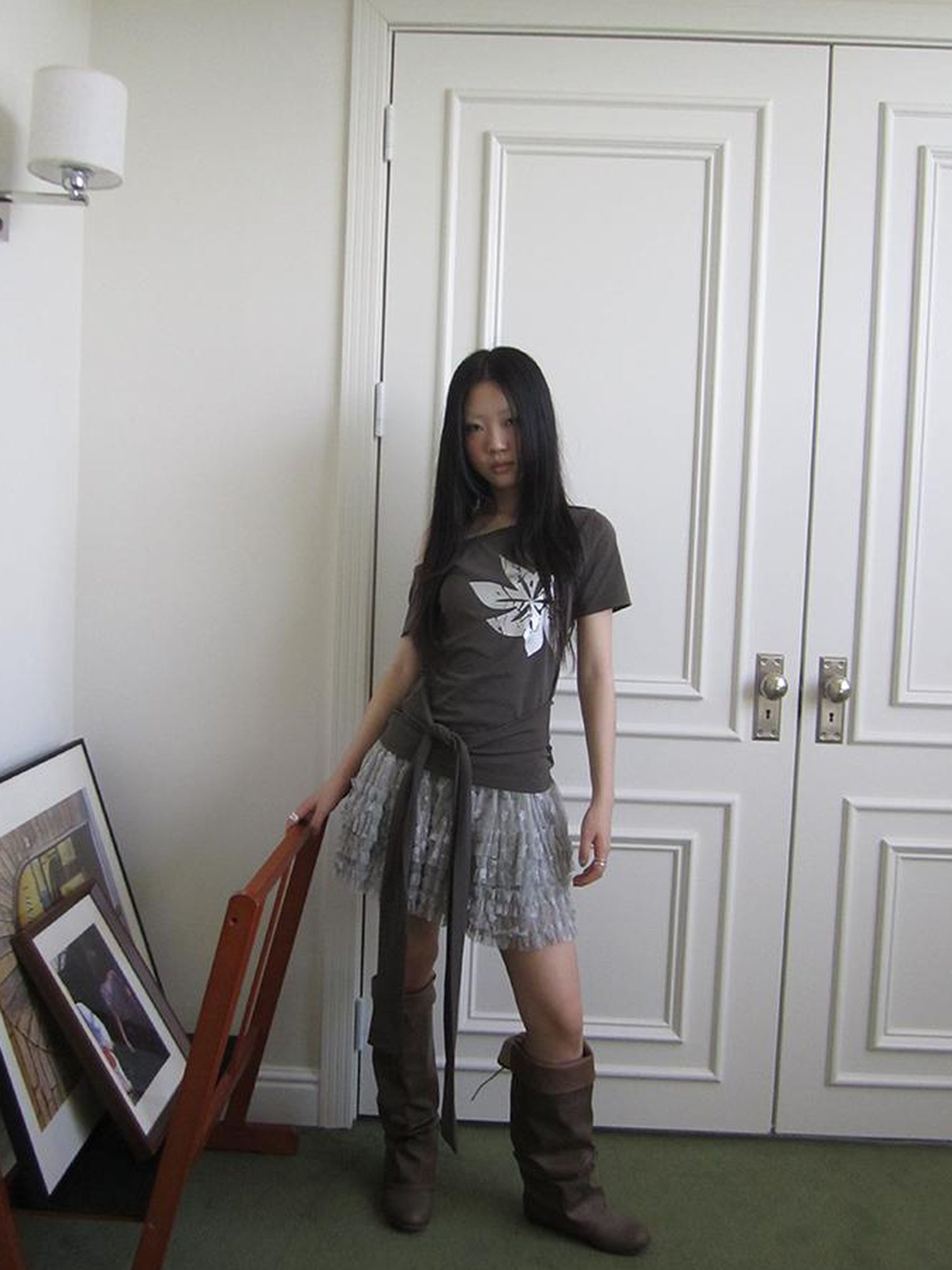 Updateang project Vintage Asymmetric Print Waist Tie Stretch Tee