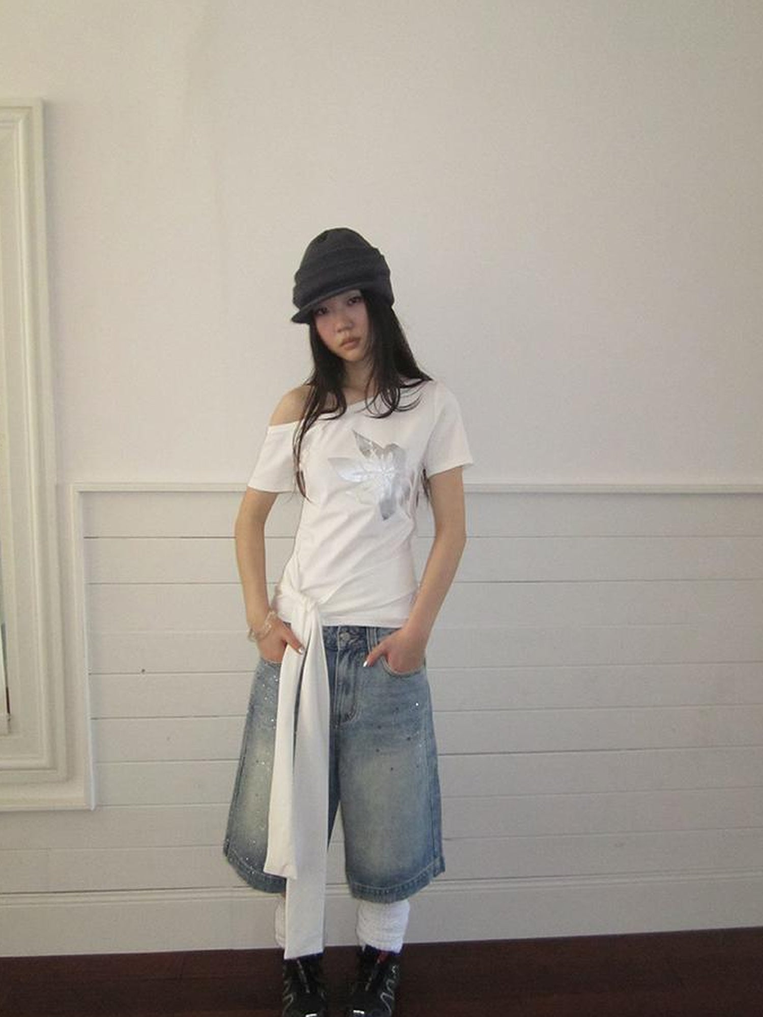 Updateang project Vintage Asymmetric Print Waist Tie Stretch Tee