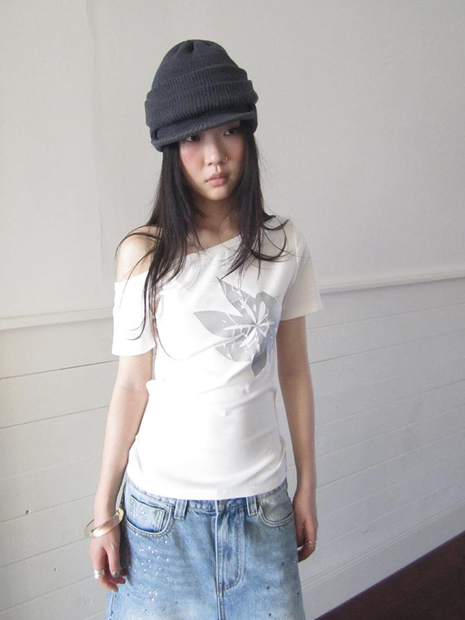 Updateang project Vintage Asymmetric Print Waist Tie Stretch Tee
