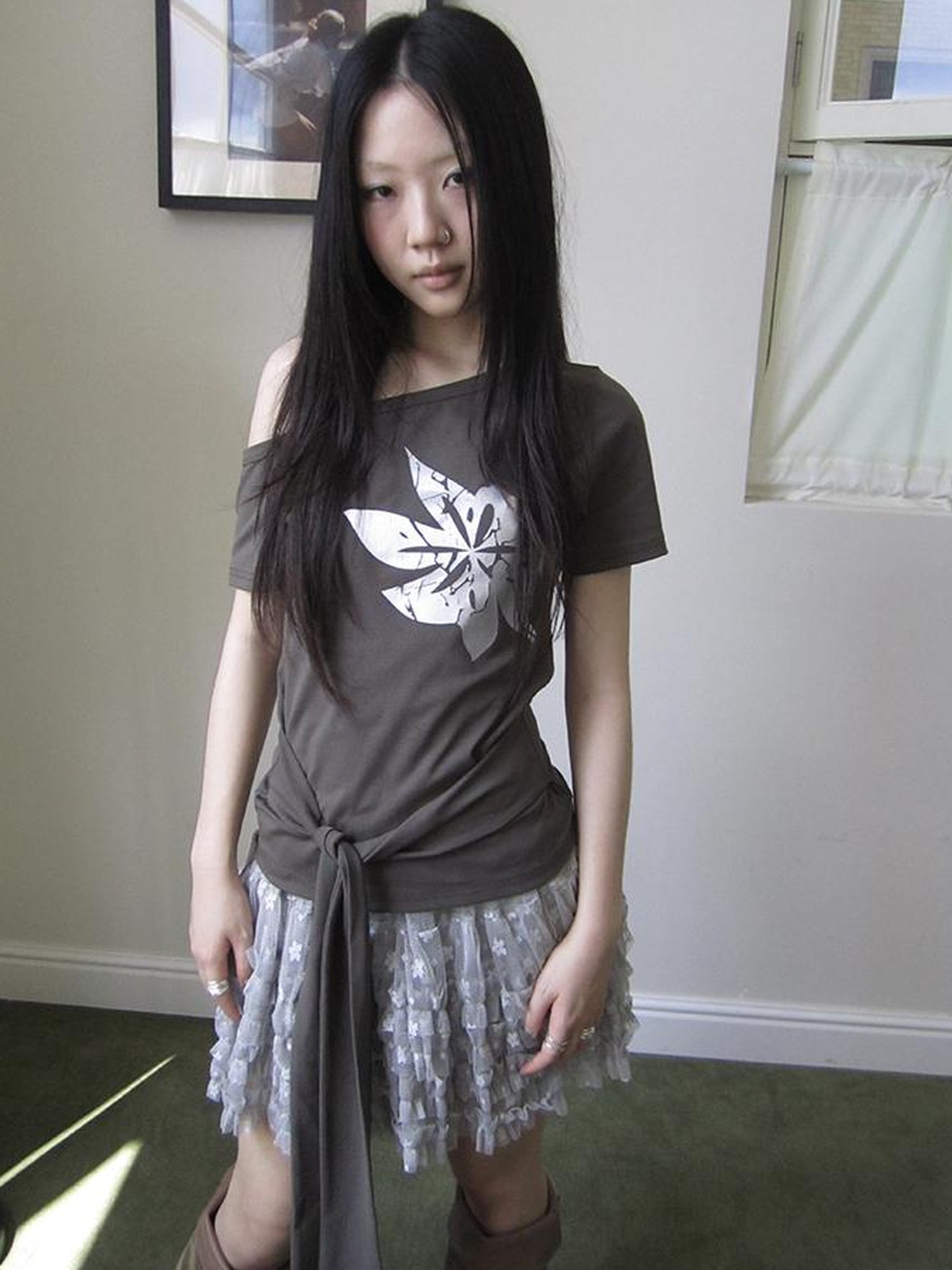 Updateang project Vintage Asymmetric Print Waist Tie Stretch Tee