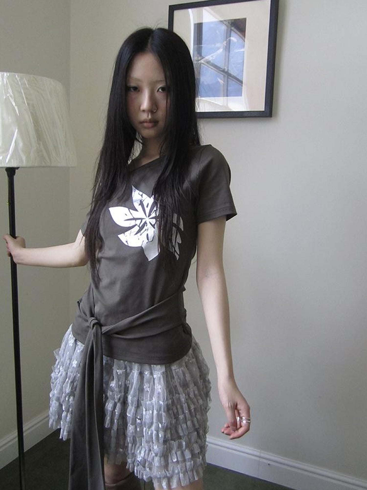 Updateang project Vintage Asymmetric Print Waist Tie Stretch Tee