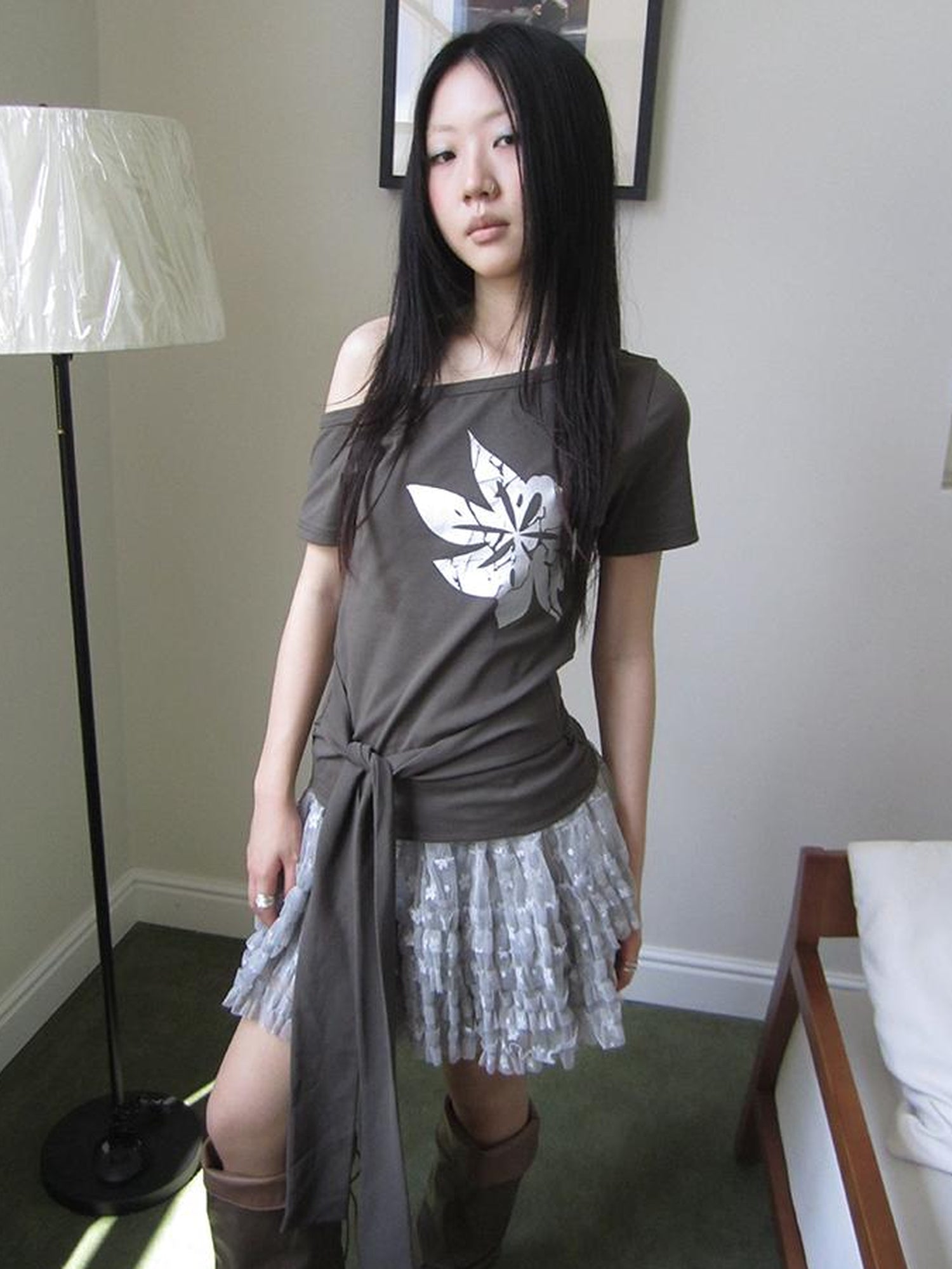 Updateang project Vintage Asymmetric Print Waist Tie Stretch Tee