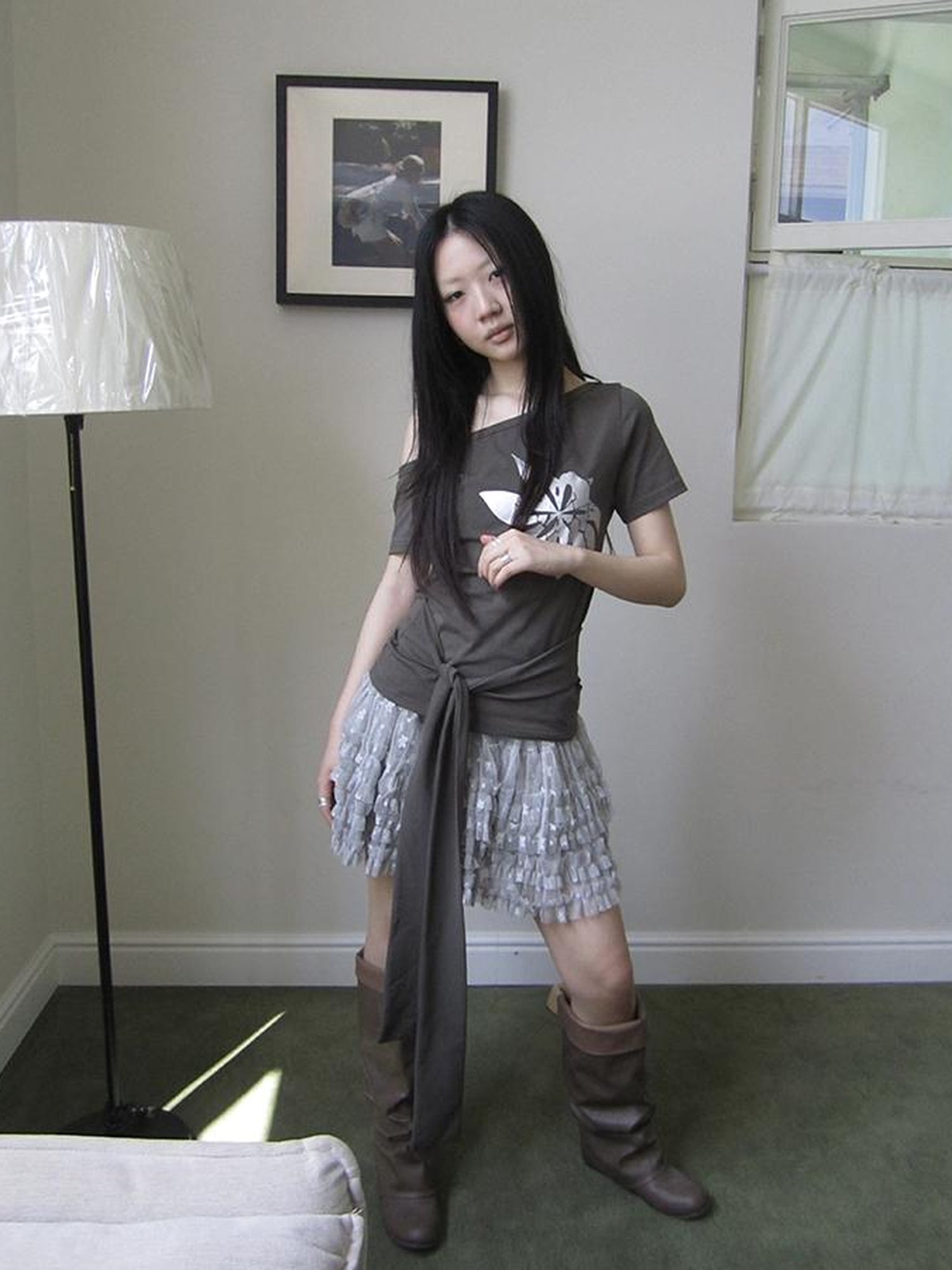 Updateang project Vintage Asymmetric Print Waist Tie Stretch Tee