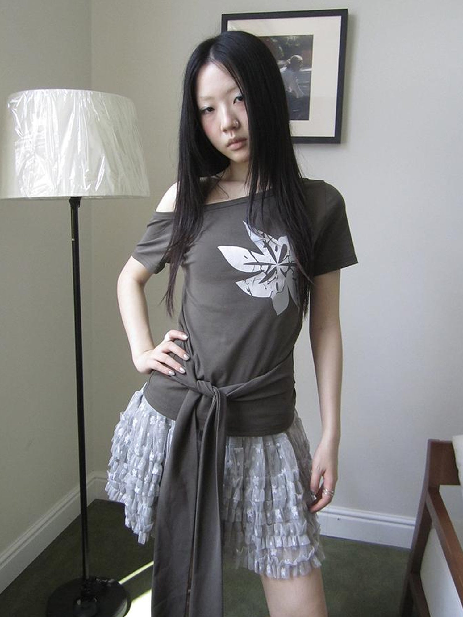 Updateang project Vintage Asymmetric Print Waist Tie Stretch Tee
