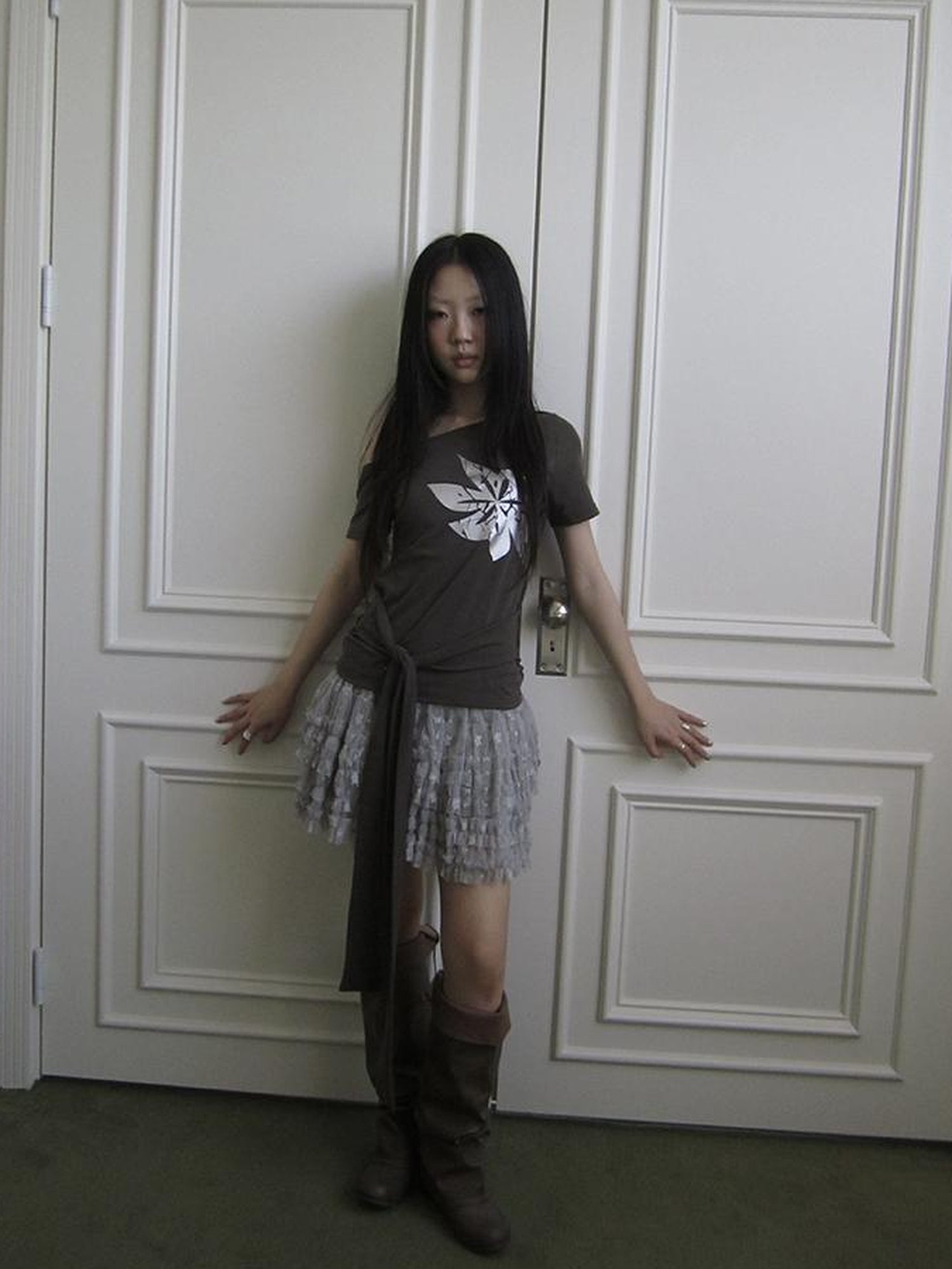 Updateang project Vintage Asymmetric Print Waist Tie Stretch Tee