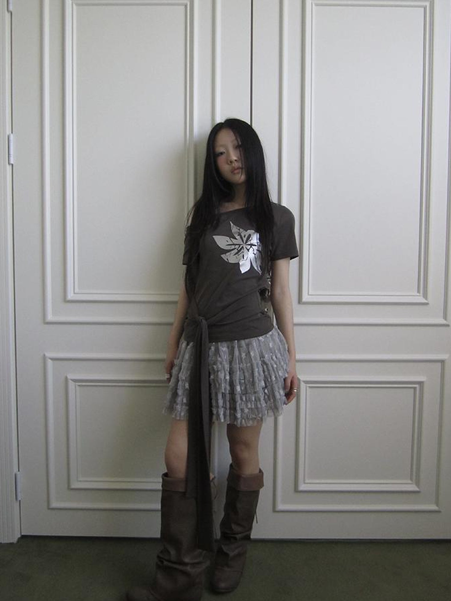 Updateang project Vintage Asymmetric Print Waist Tie Stretch Tee