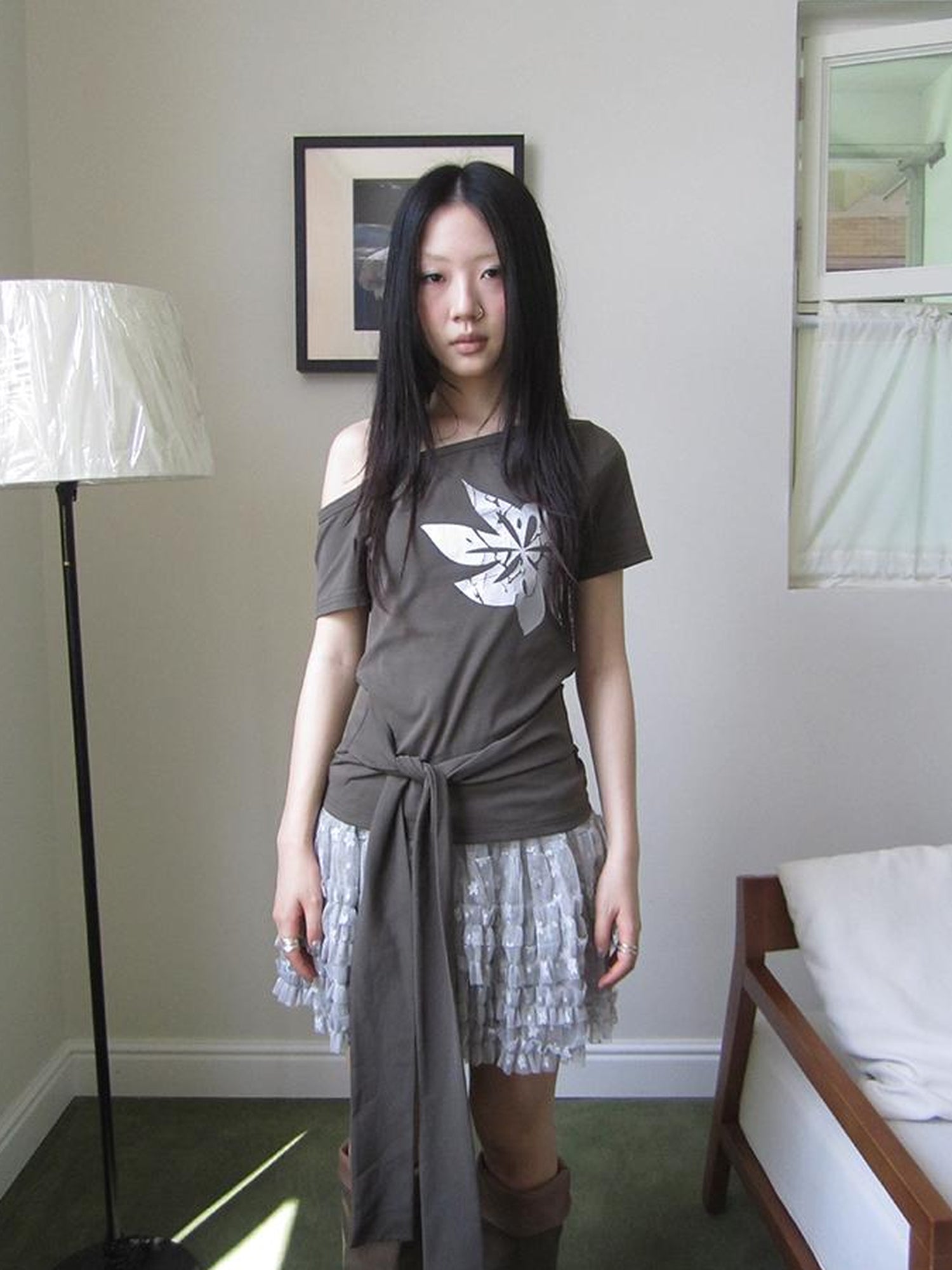 Updateang project Vintage Asymmetric Print Waist Tie Stretch Tee