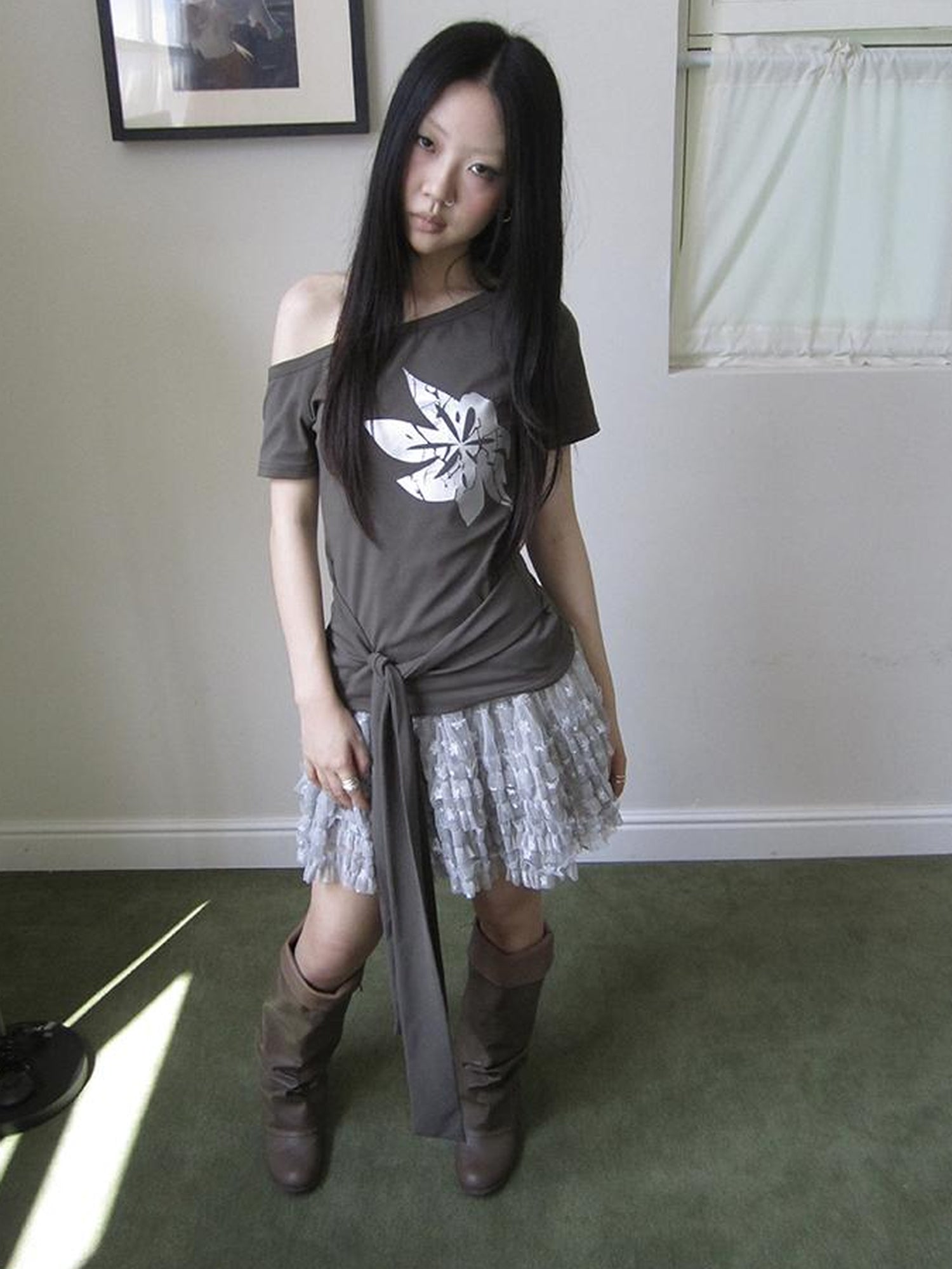 Updateang project Vintage Asymmetric Print Waist Tie Stretch Tee