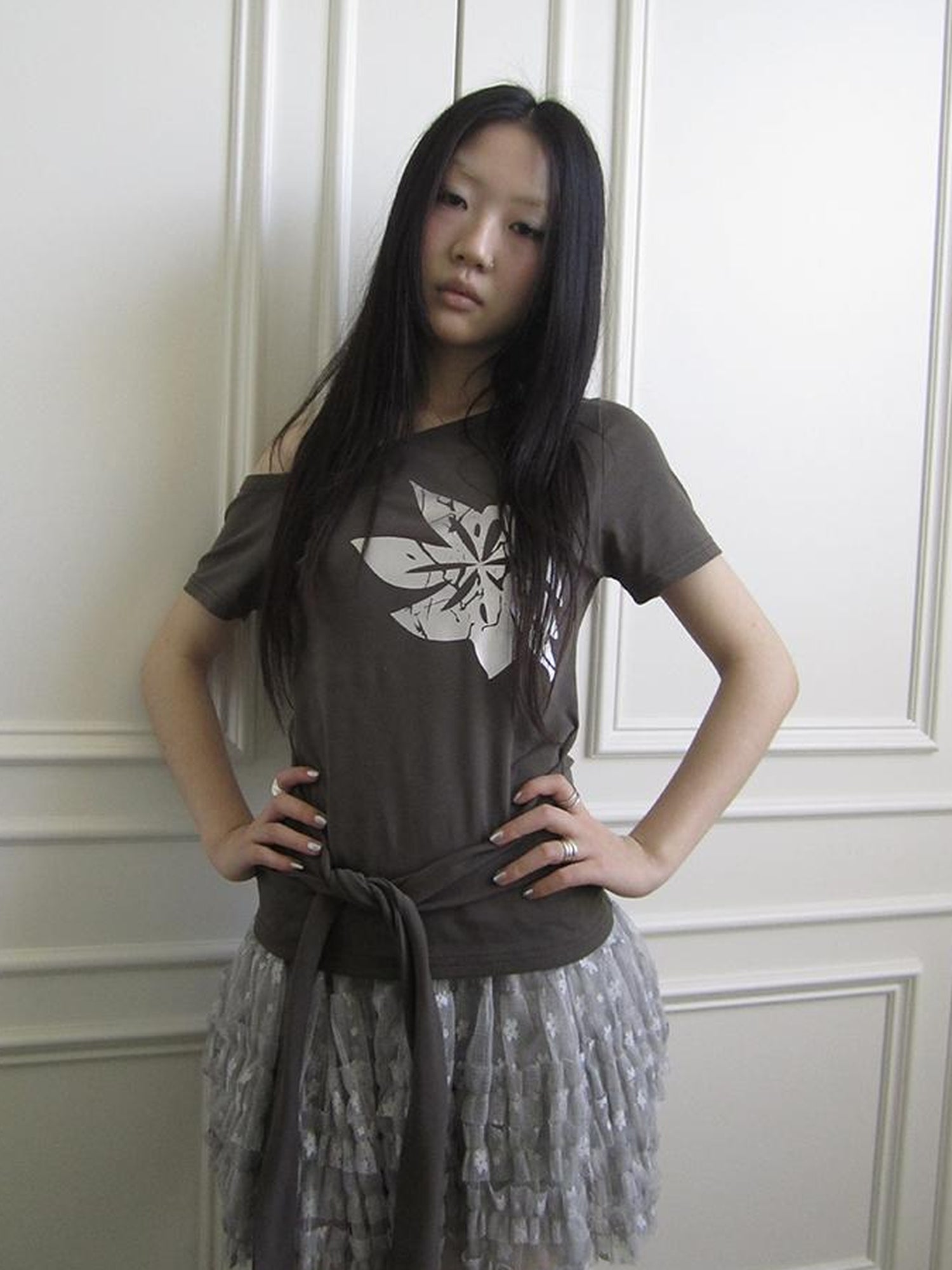 Updateang project Vintage Asymmetric Print Waist Tie Stretch Tee