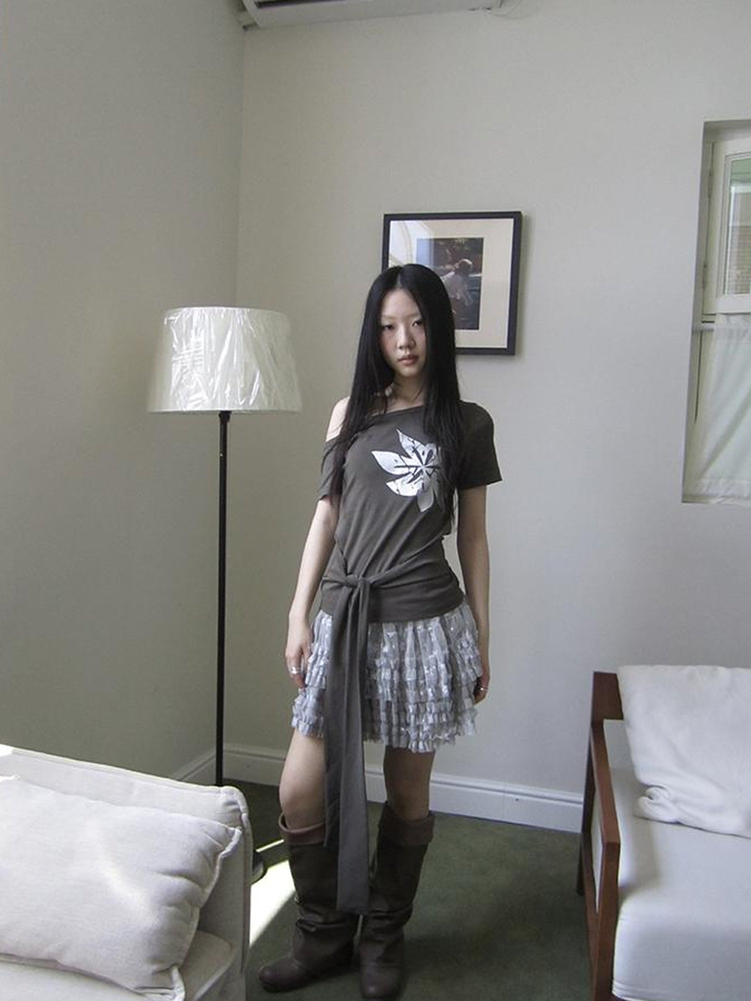 Updateang project Vintage Asymmetric Print Waist Tie Stretch Tee