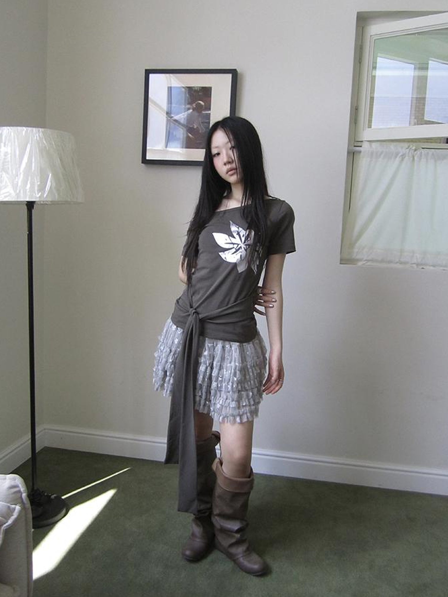 Updateang project Vintage Asymmetric Print Waist Tie Stretch Tee