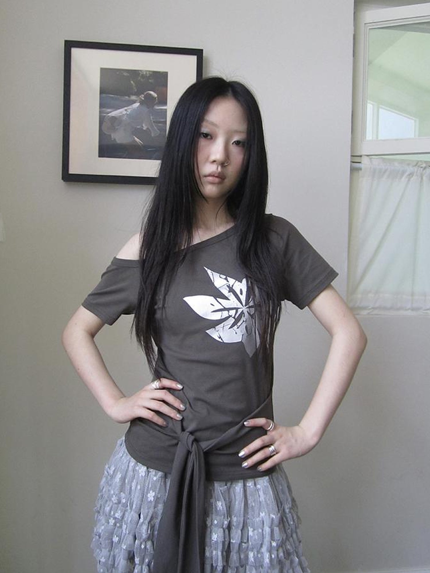 Updateang project Vintage Asymmetric Print Waist Tie Stretch Tee