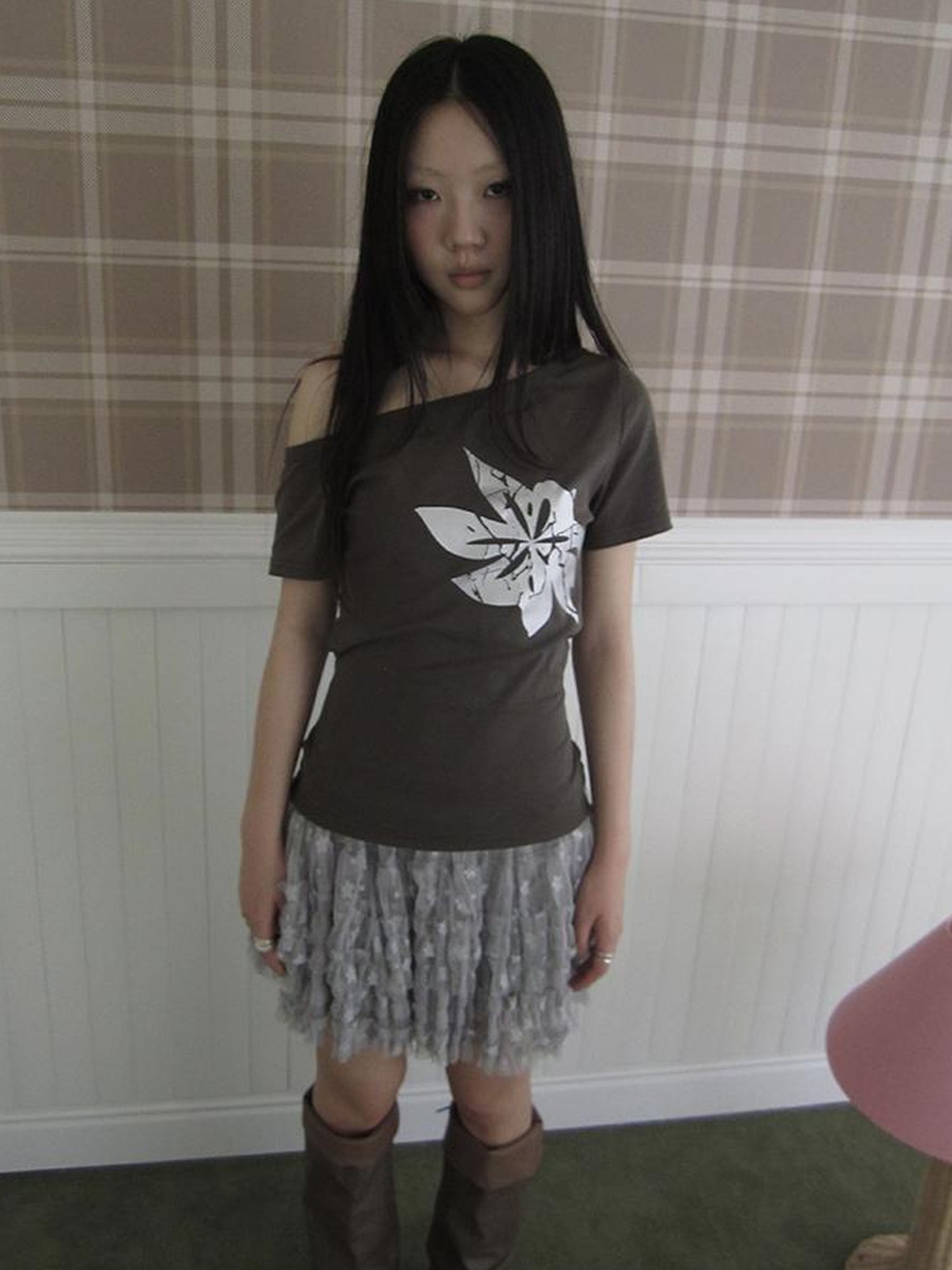 Updateang project Vintage Asymmetric Print Waist Tie Stretch Tee