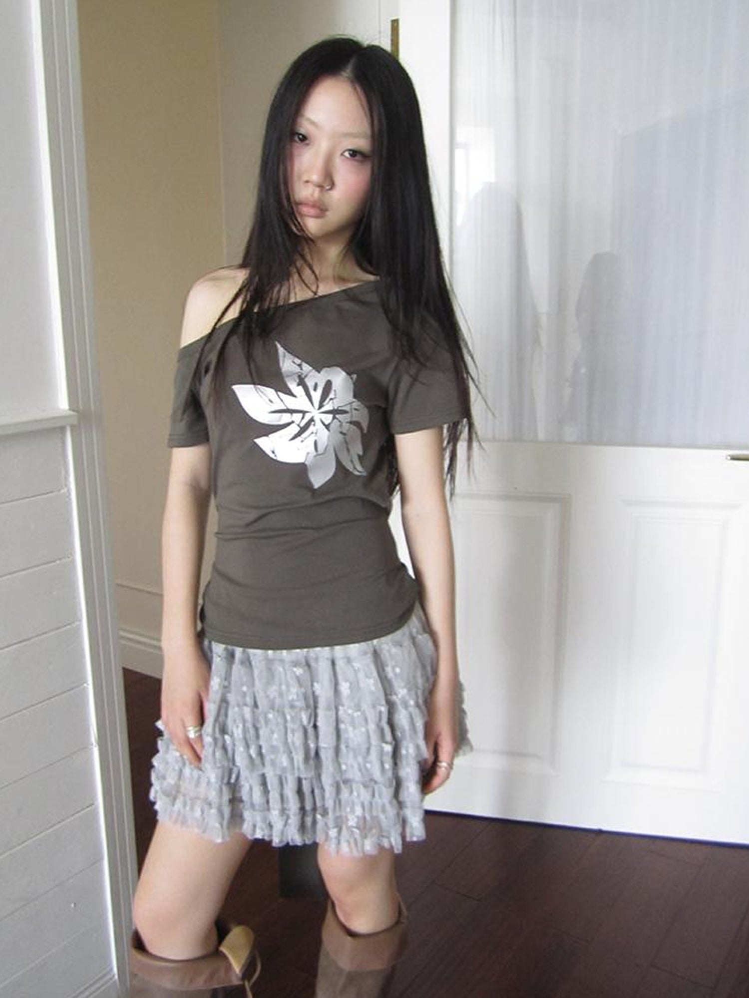 Updateang project Vintage Asymmetric Print Waist Tie Stretch Tee
