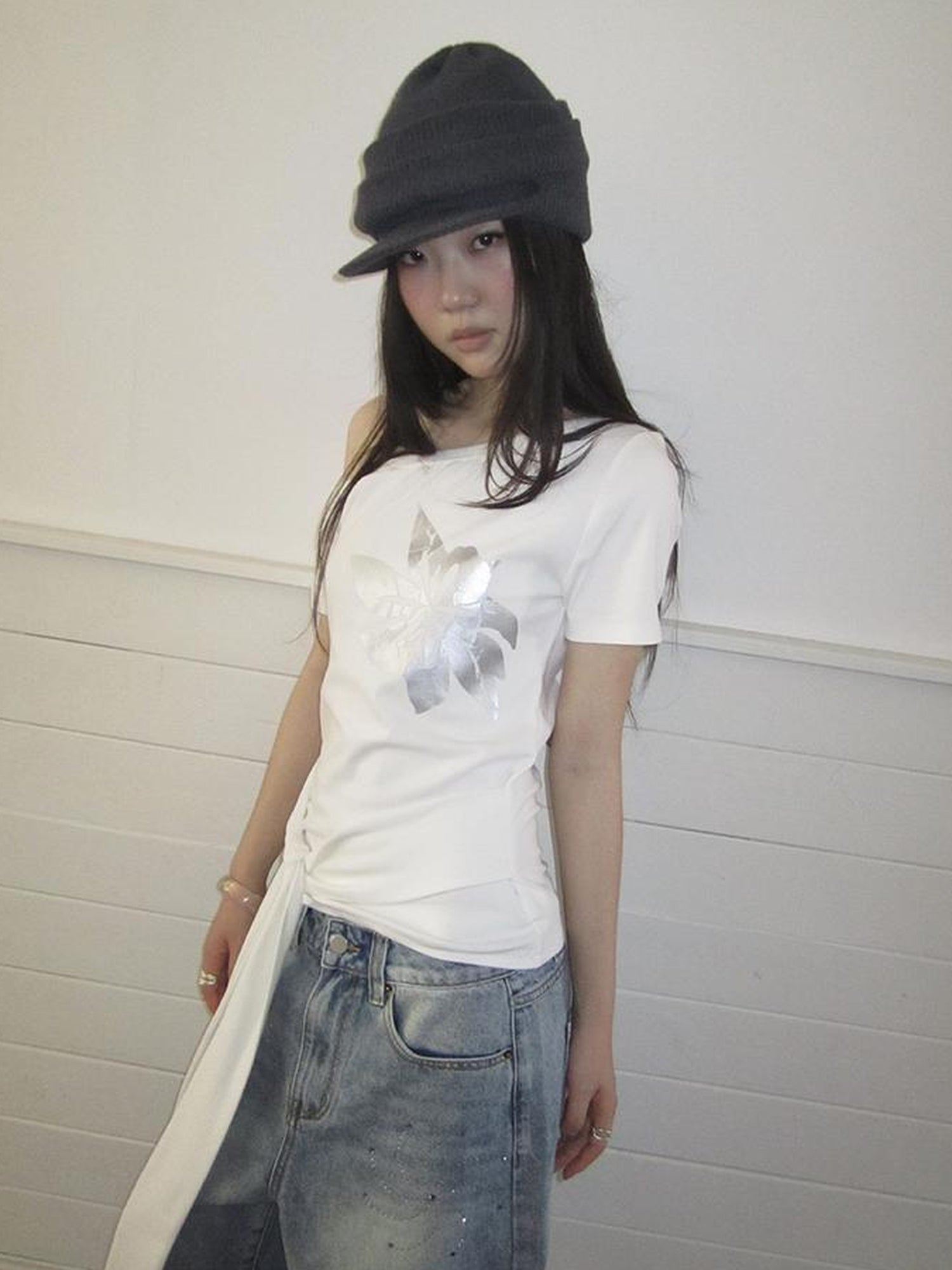 Updateang project Vintage Asymmetric Print Waist Tie Stretch Tee