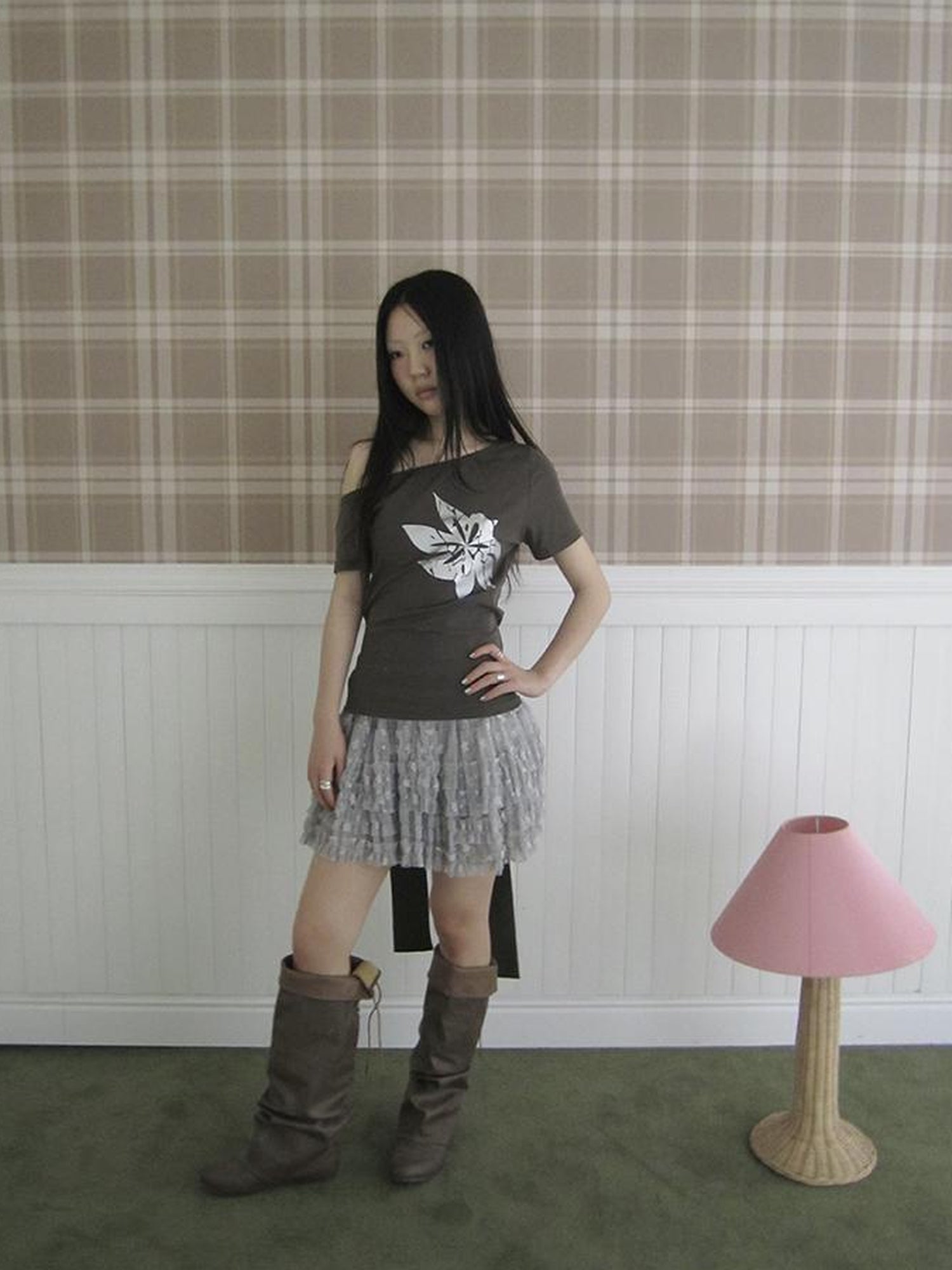Updateang project Vintage Asymmetric Print Waist Tie Stretch Tee