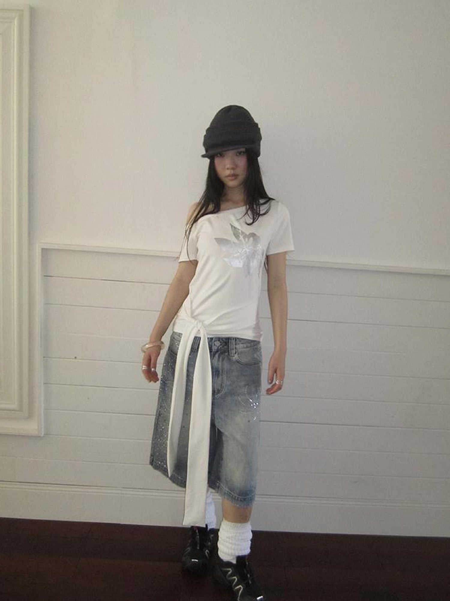 Updateang project Vintage Asymmetric Print Waist Tie Stretch Tee