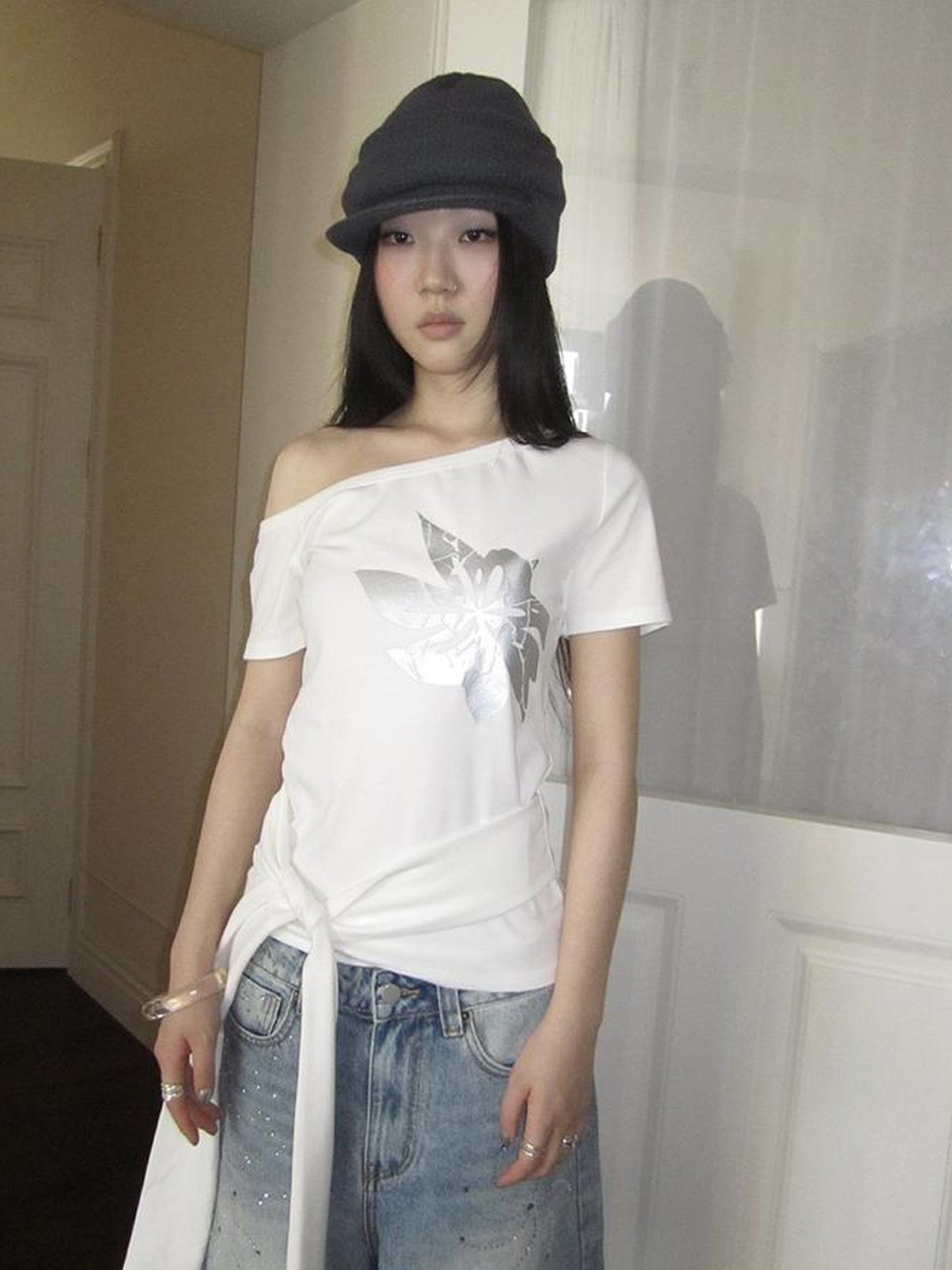 Updateang project Vintage Asymmetric Print Waist Tie Stretch Tee