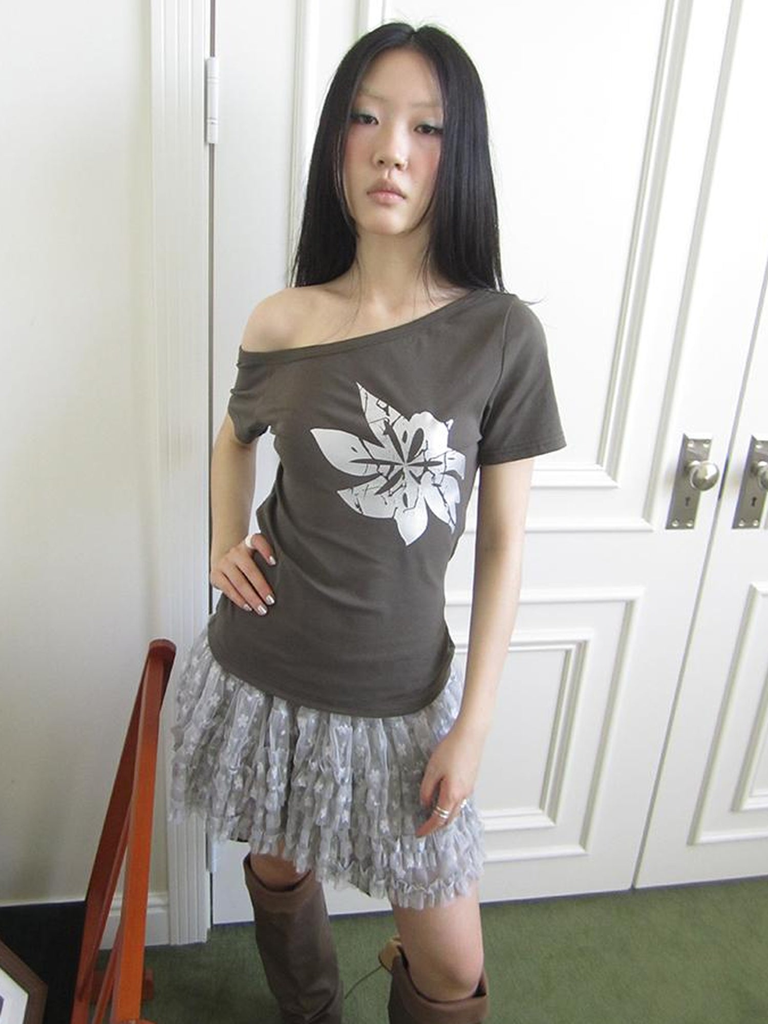 Updateang project Vintage Asymmetric Print Waist Tie Stretch Tee