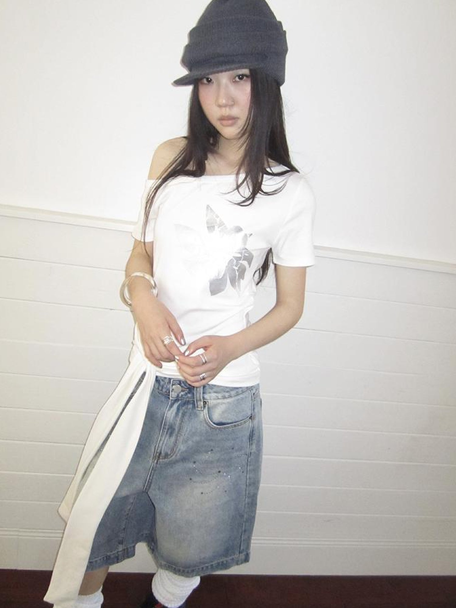Updateang project Vintage Asymmetric Print Waist Tie Stretch Tee