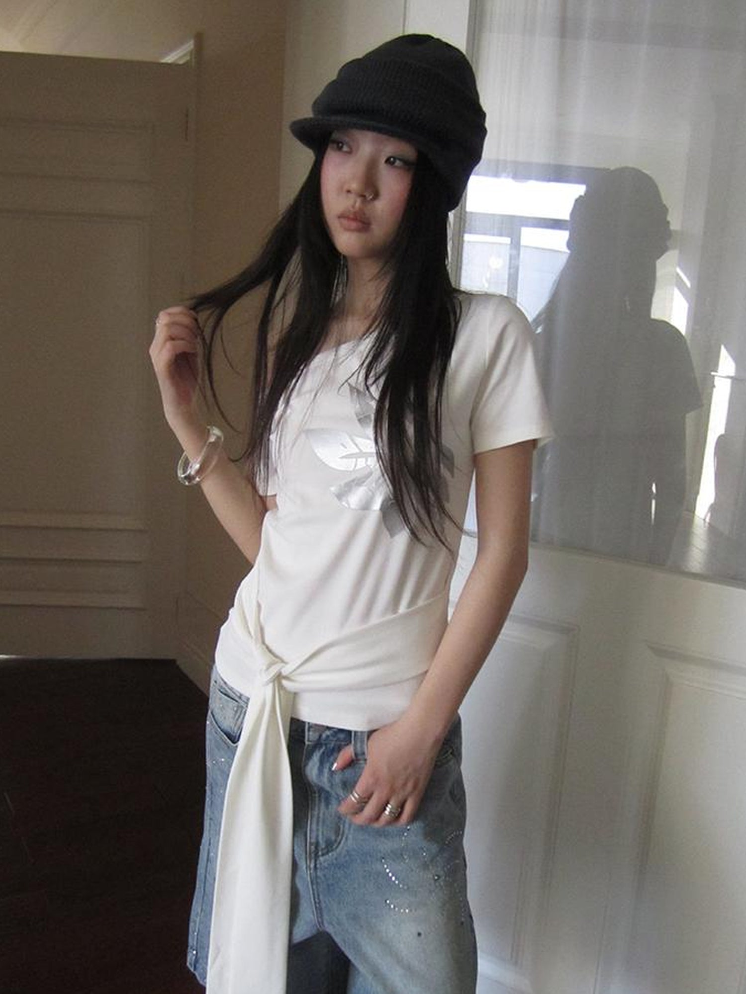 Updateang project Vintage Asymmetric Print Waist Tie Stretch Tee