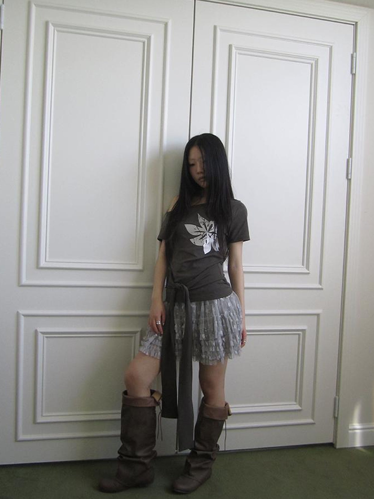 Updateang project Vintage Asymmetric Print Waist Tie Stretch Tee