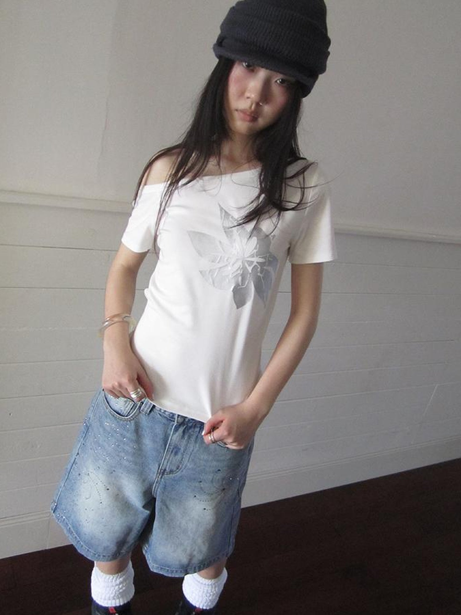 Updateang project Vintage Asymmetric Print Waist Tie Stretch Tee