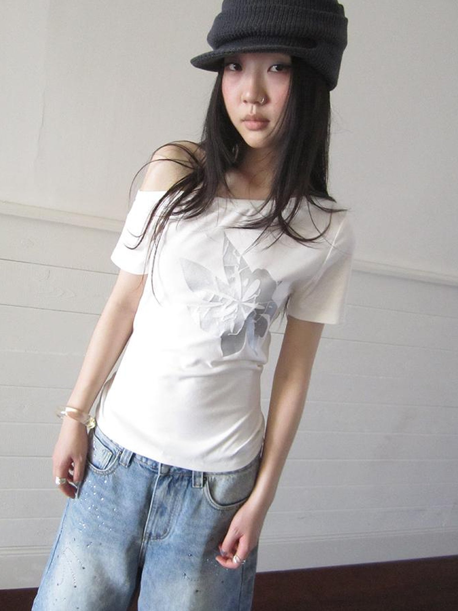Updateang project Vintage Asymmetric Print Waist Tie Stretch Tee