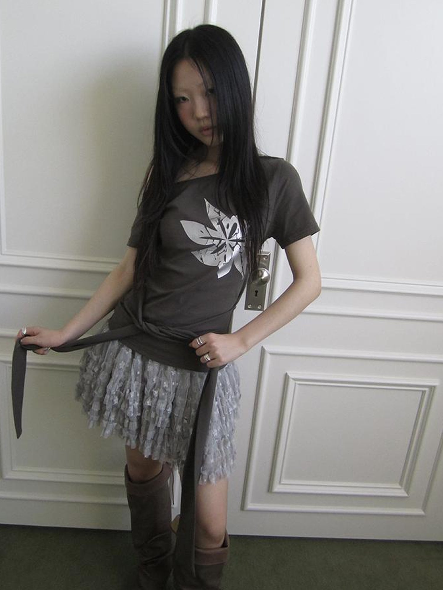 Updateang project Vintage Asymmetric Print Waist Tie Stretch Tee